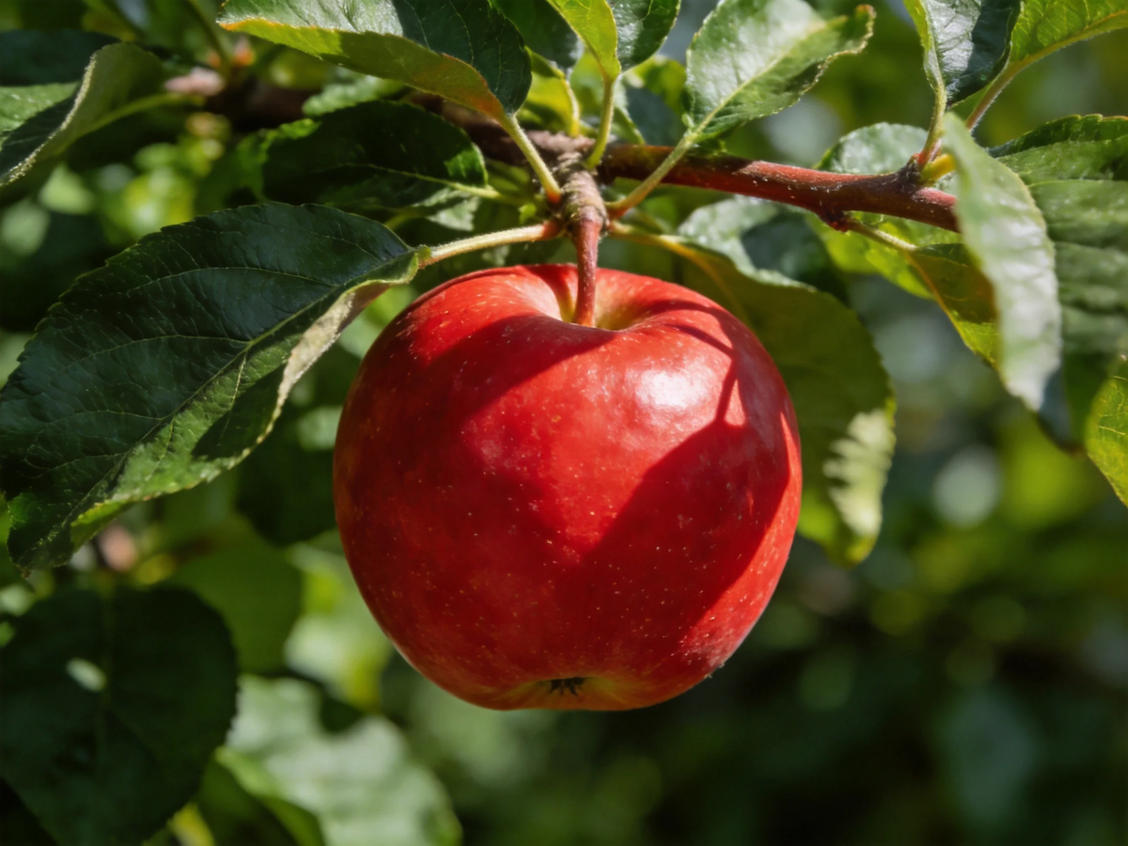 A vibrant red apple hangs from a leafy tree branch