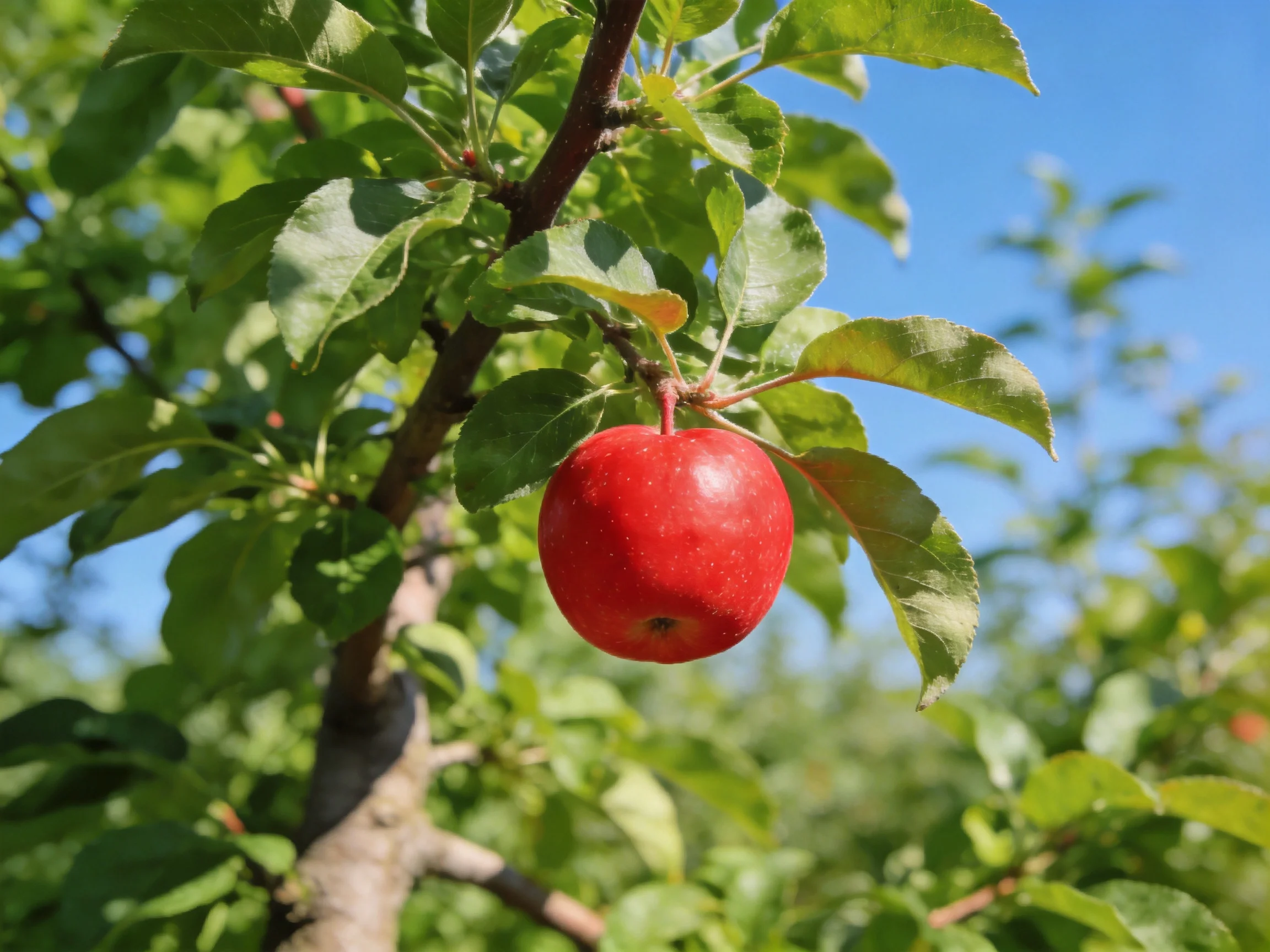 A vibrant red apple hangs from a leafy tree branch