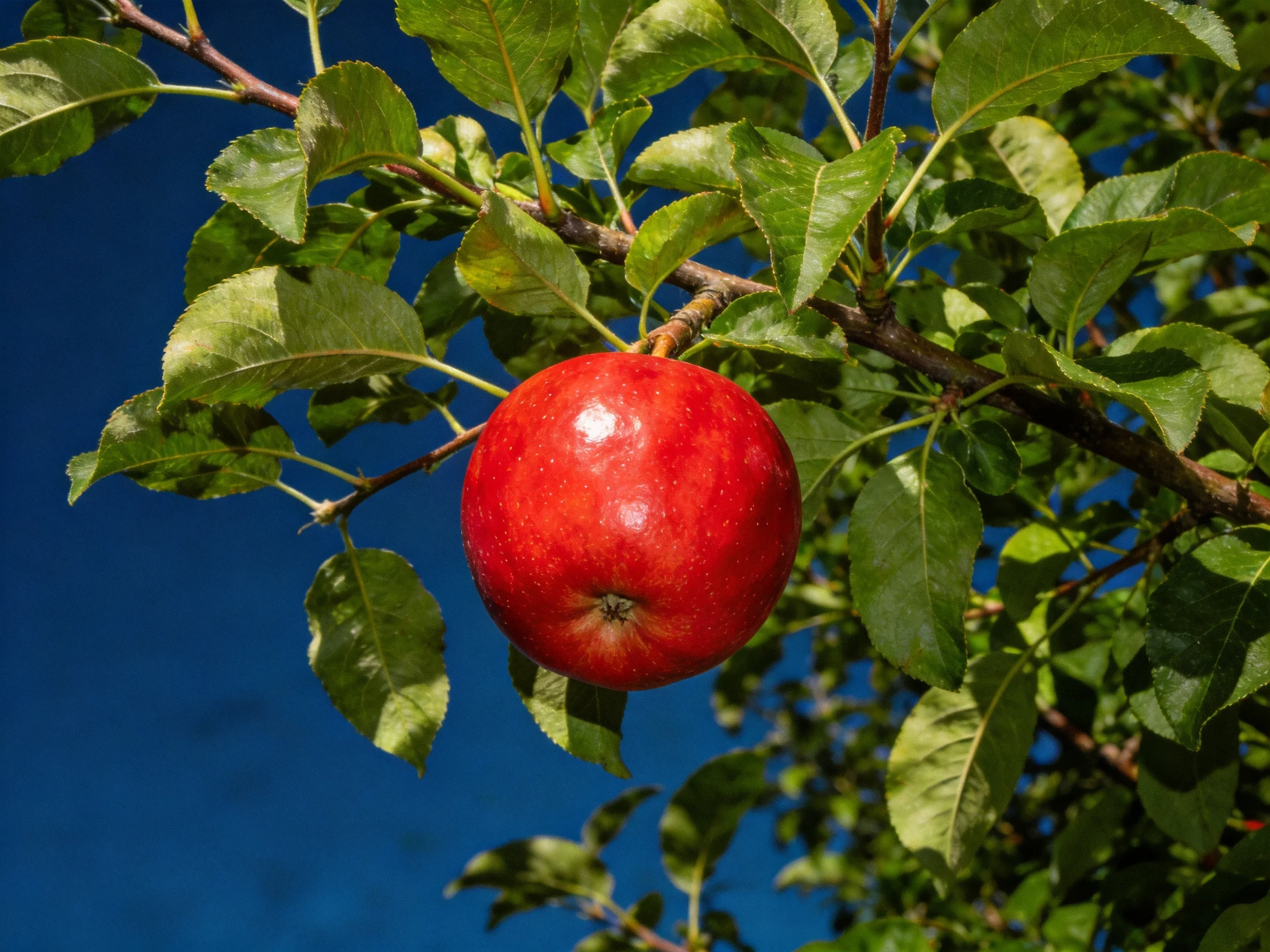 A vibrant red apple hangs from a leafy tree branch