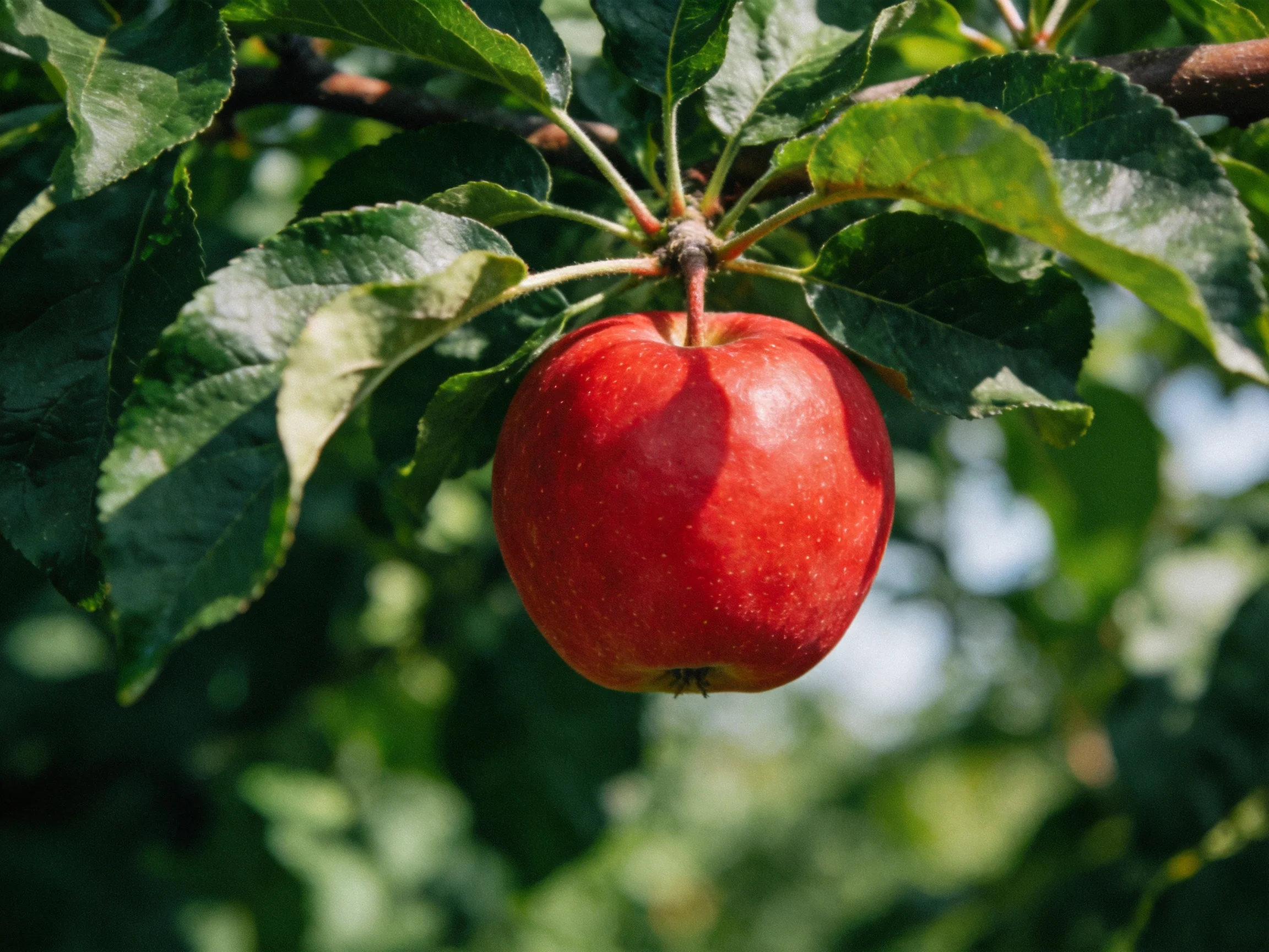A vibrant red apple hangs from a leafy tree branch