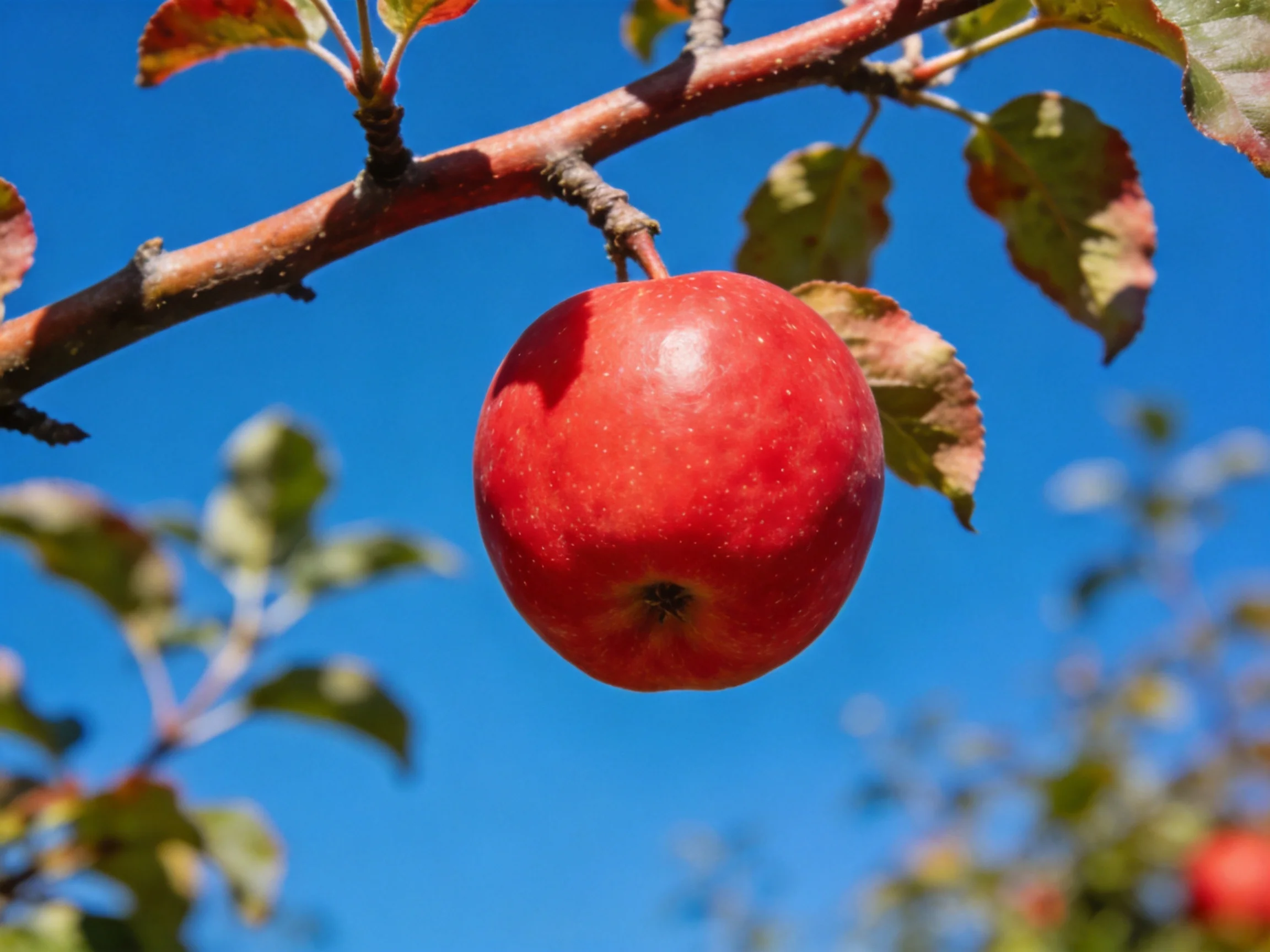 A vibrant red apple hangs from a tree branch against a clear blue sky