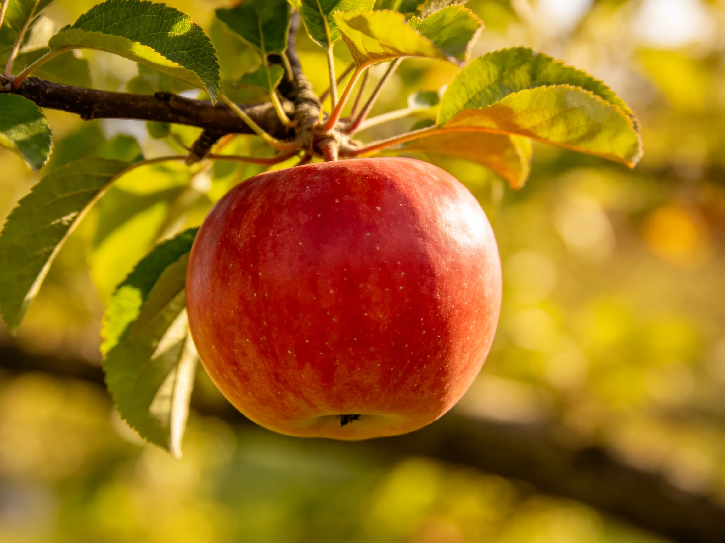 A vibrant red apple hangs from a tree branch amid green foliage