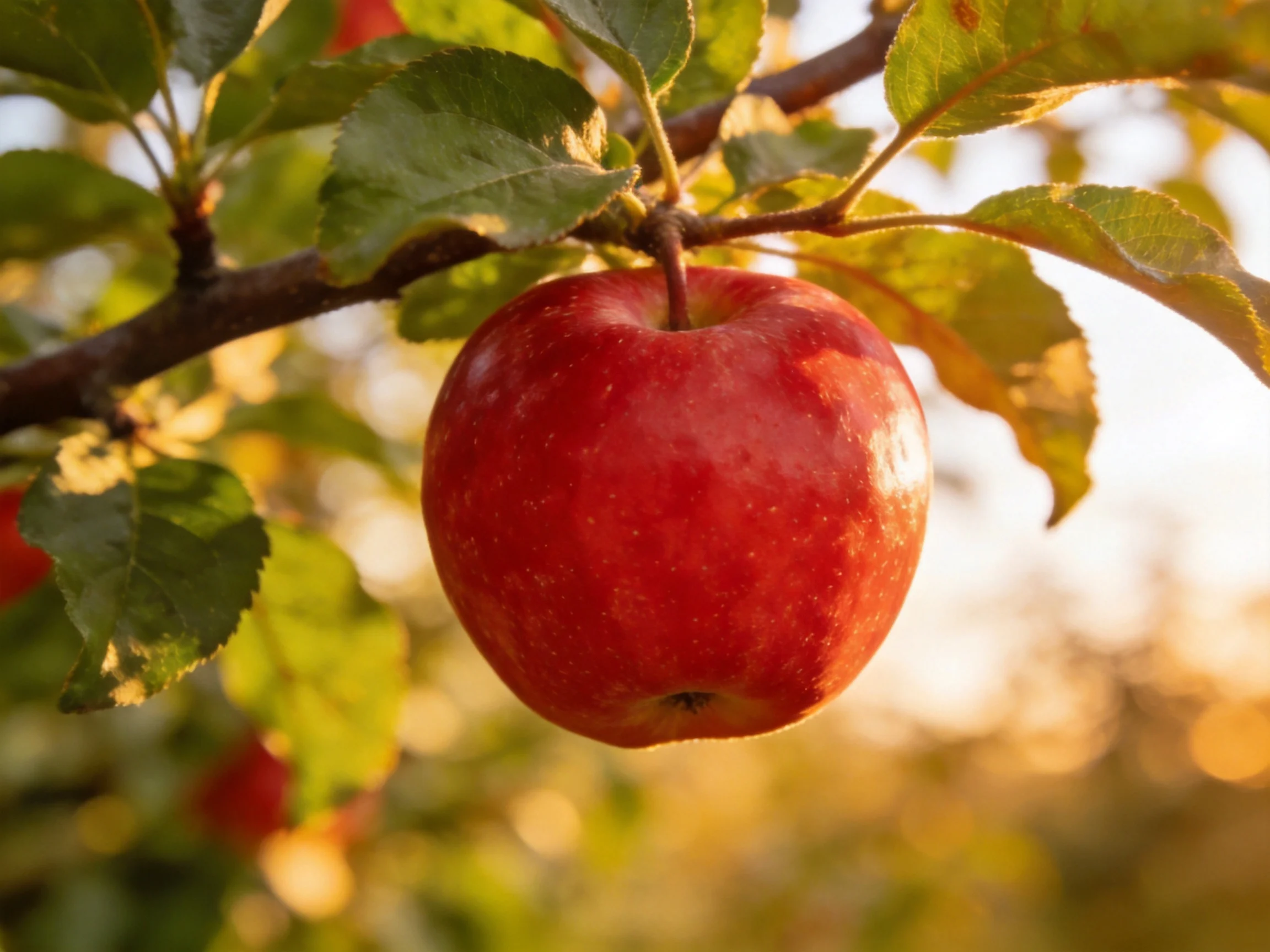 A vibrant red apple hangs from a tree branch amid green foliage
