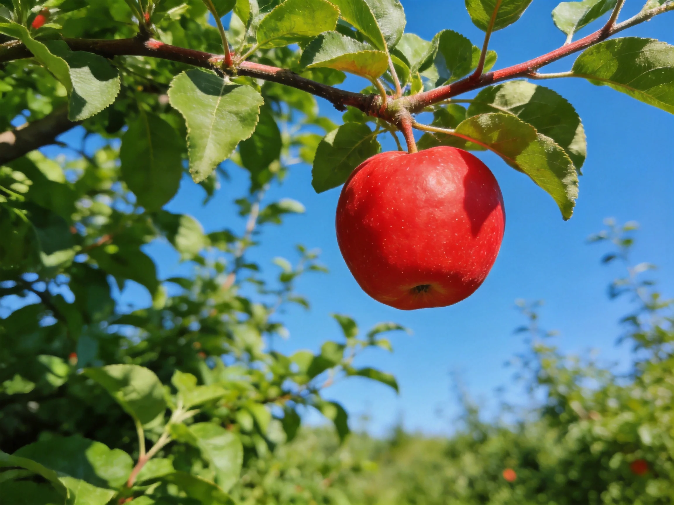 A vibrant red apple hangs from a tree branch amid lush green foliage