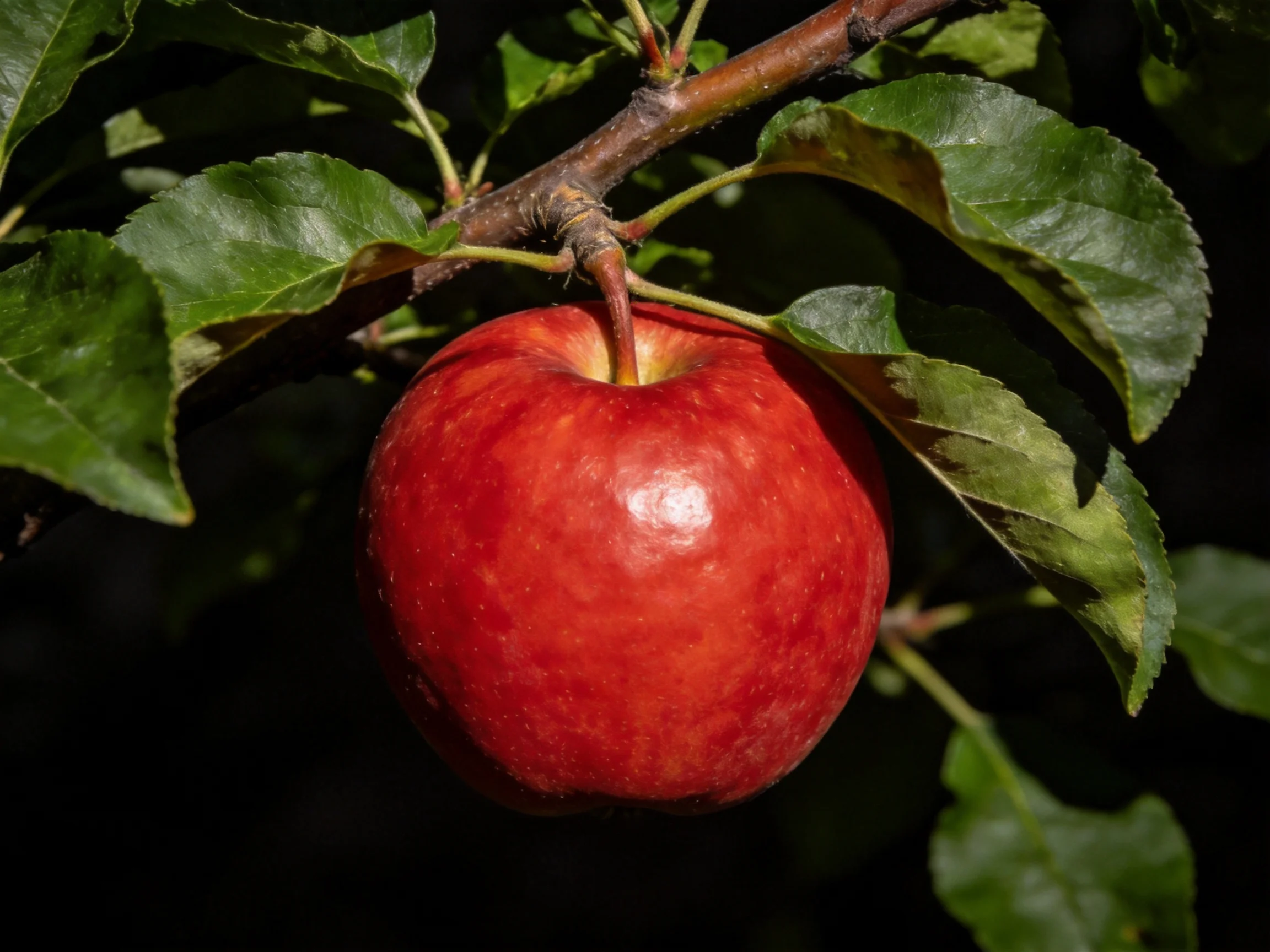 A vibrant red apple hangs from a tree branch amid lush green foliage