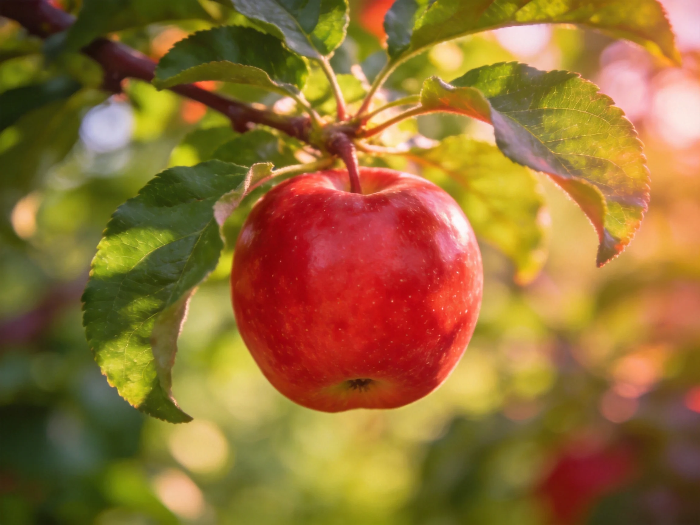 A vibrant red apple hangs from a tree branch amid lush green foliage