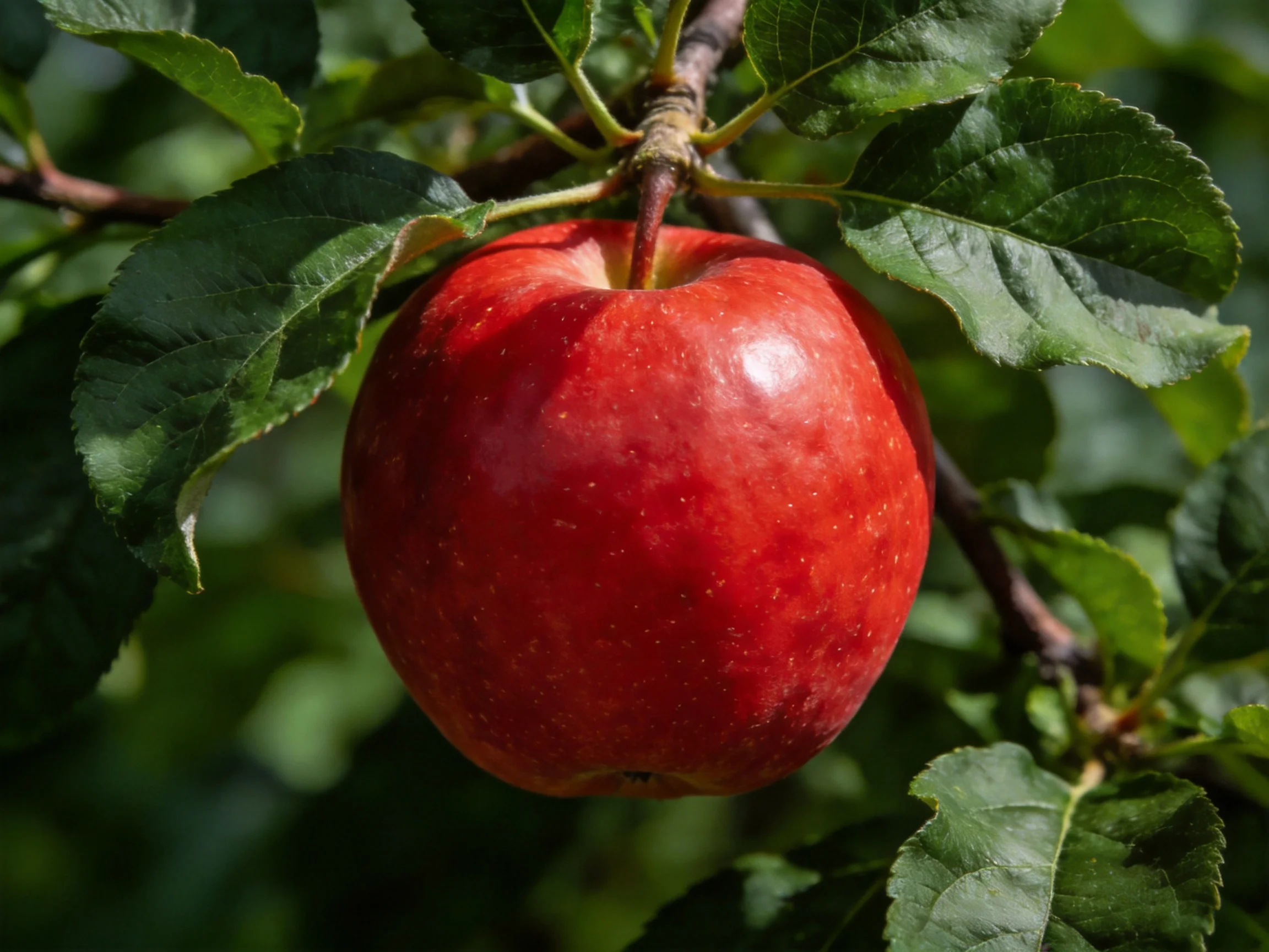 A vibrant red apple hangs from a tree branch amid lush green foliage