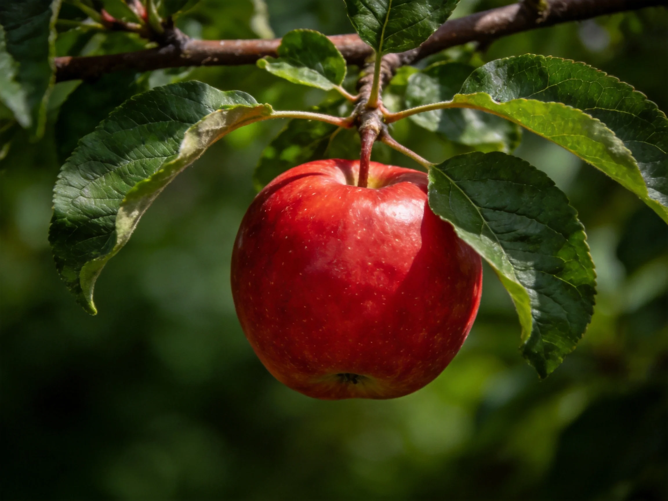 A vibrant red apple hangs from a tree branch amid lush green leaves