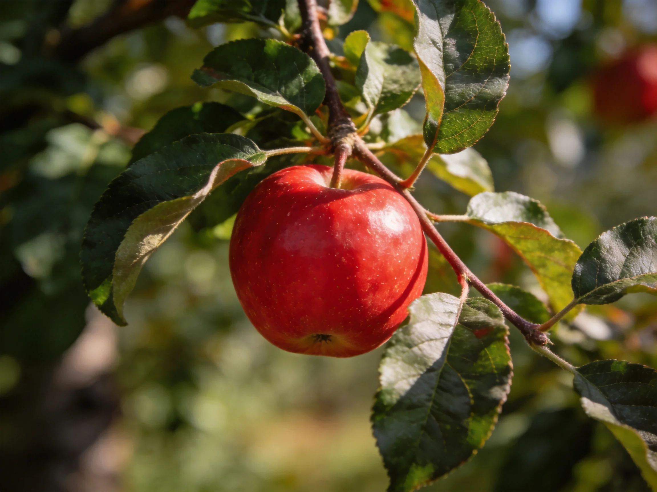 A vibrant red apple hangs from a tree branch among green leaves