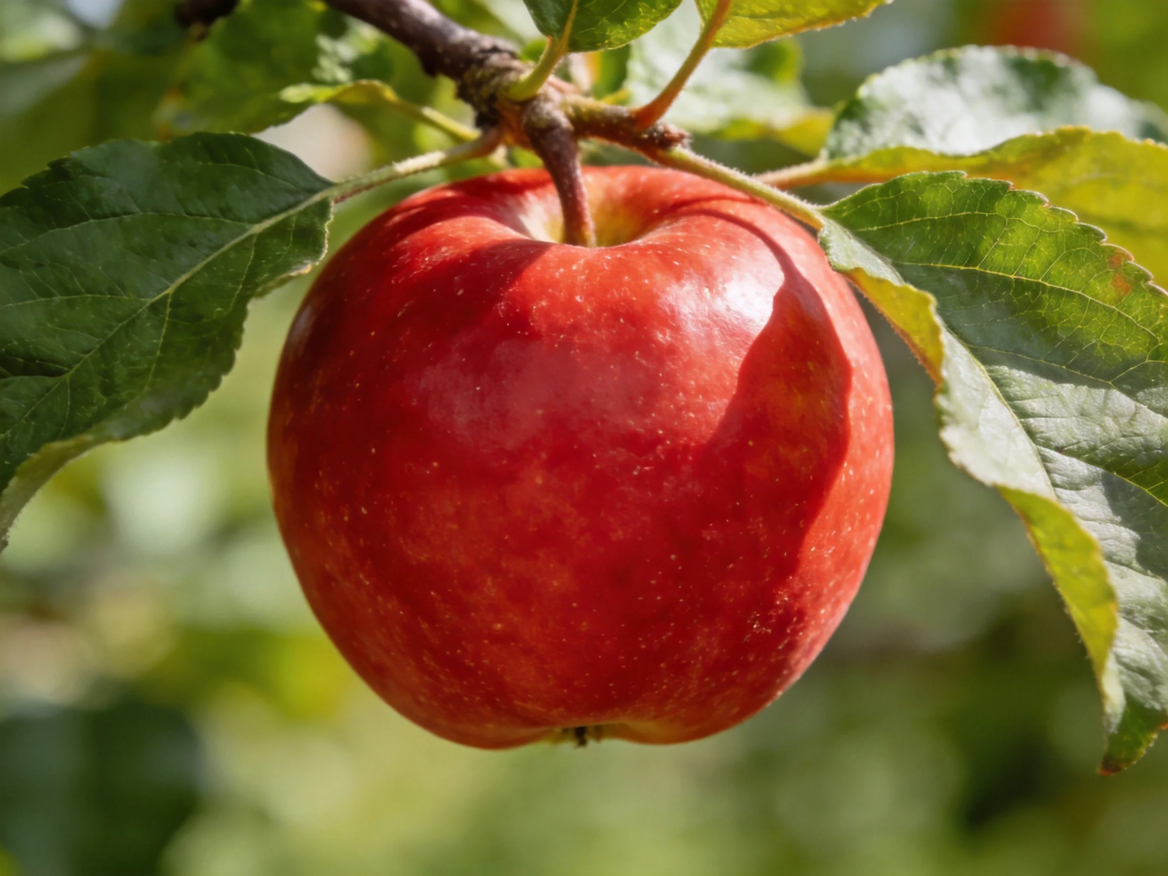 A vibrant red apple hangs from a tree branch among lush green leaves