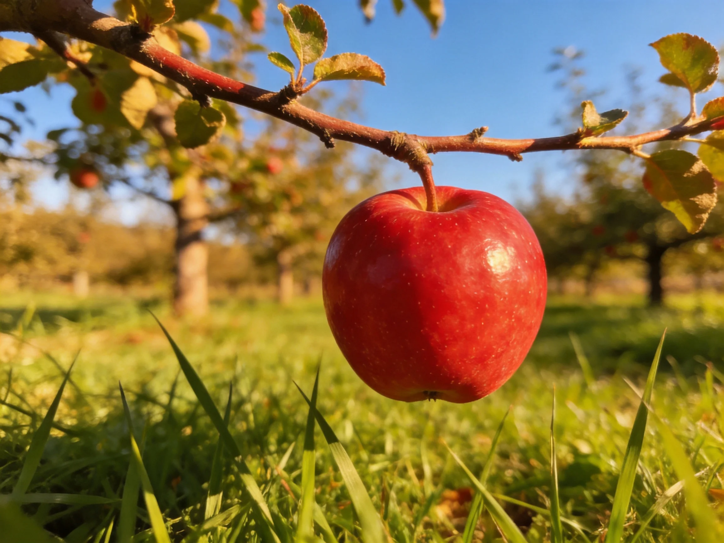 A vibrant red apple hangs from a tree branch in a sunlit orchard