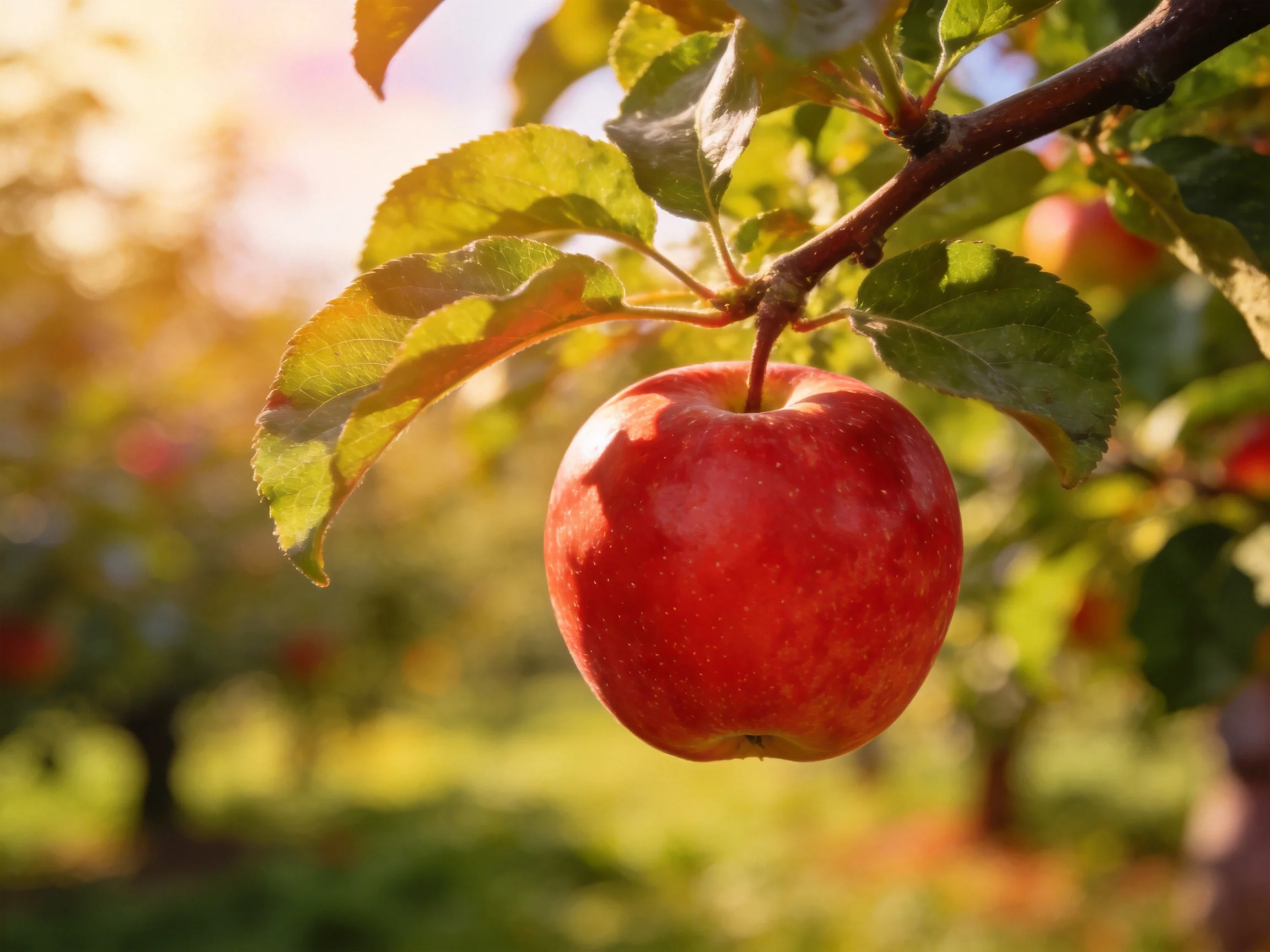 A vibrant red apple hangs from a tree branch in a sunlit orchard