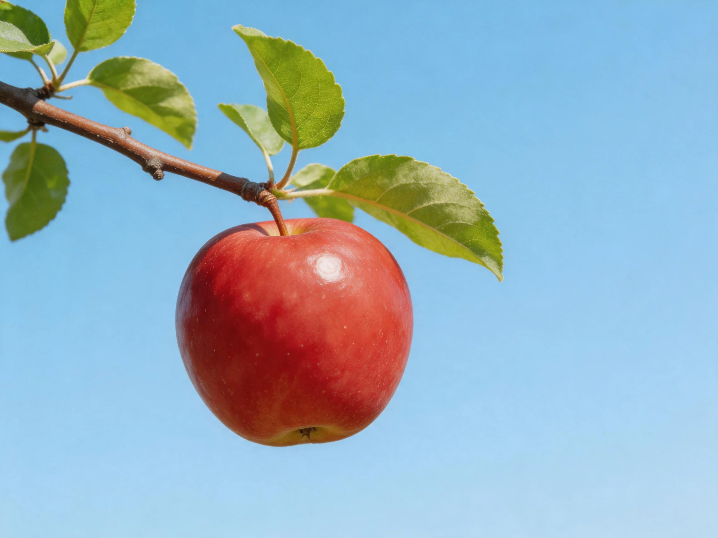 A vibrant red apple hangs from a tree branch with green leaves against a clear blue sky
