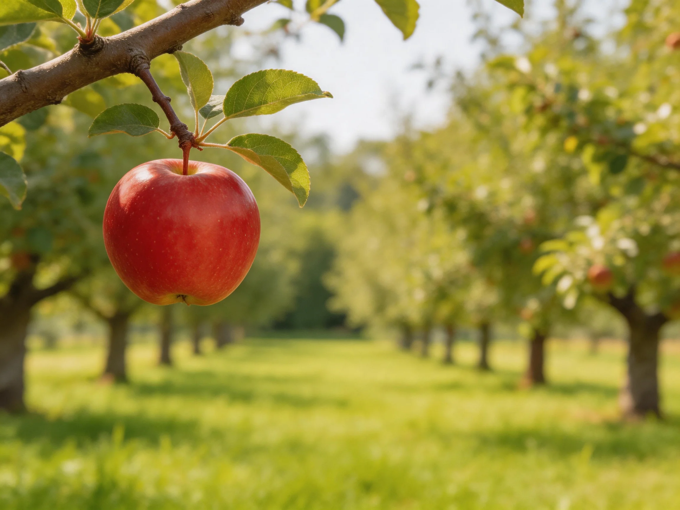 A vibrant red apple hangs from a tree in a sunlit orchard