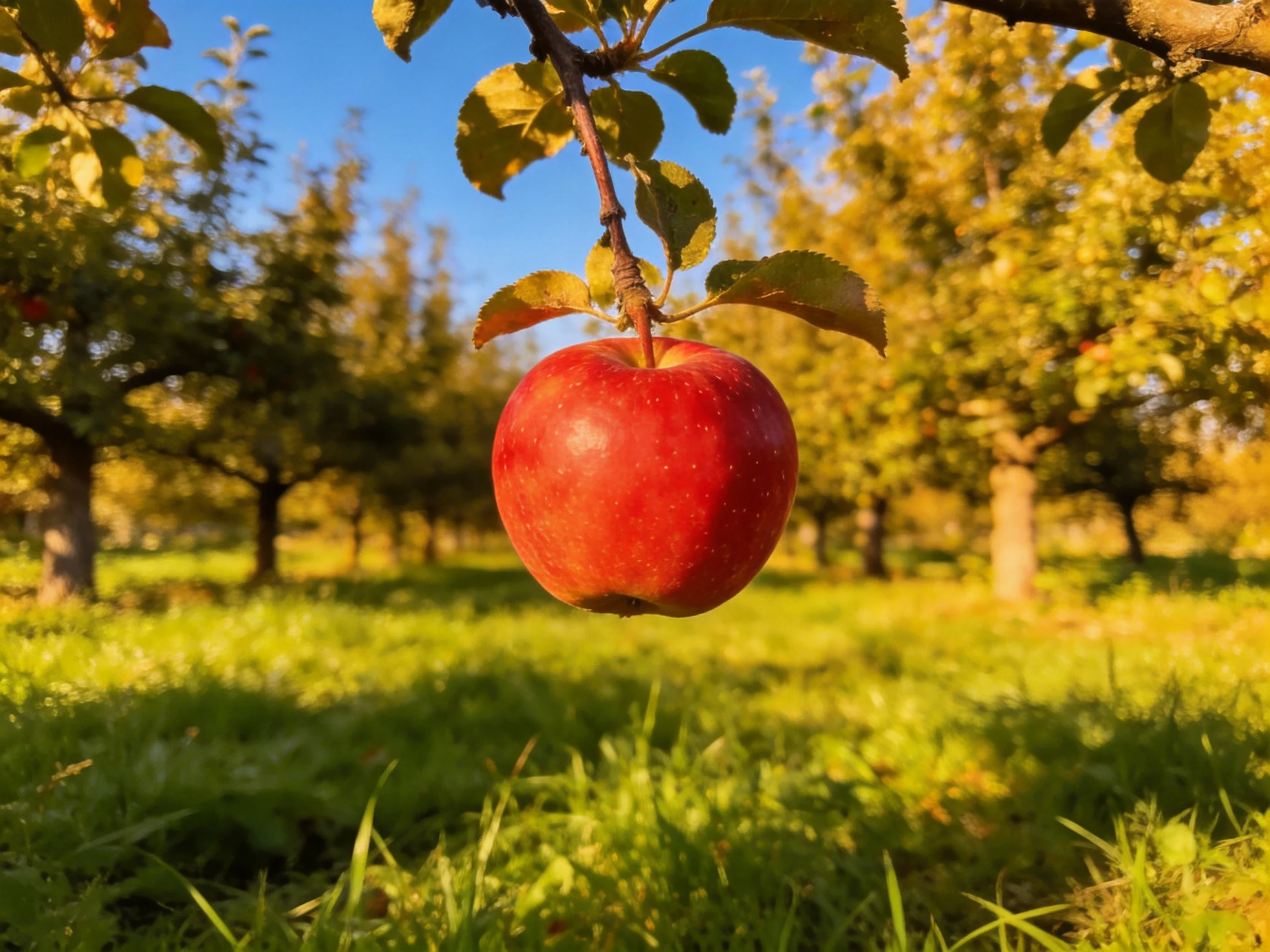 A vibrant red apple hangs from a tree in a sunlit orchard