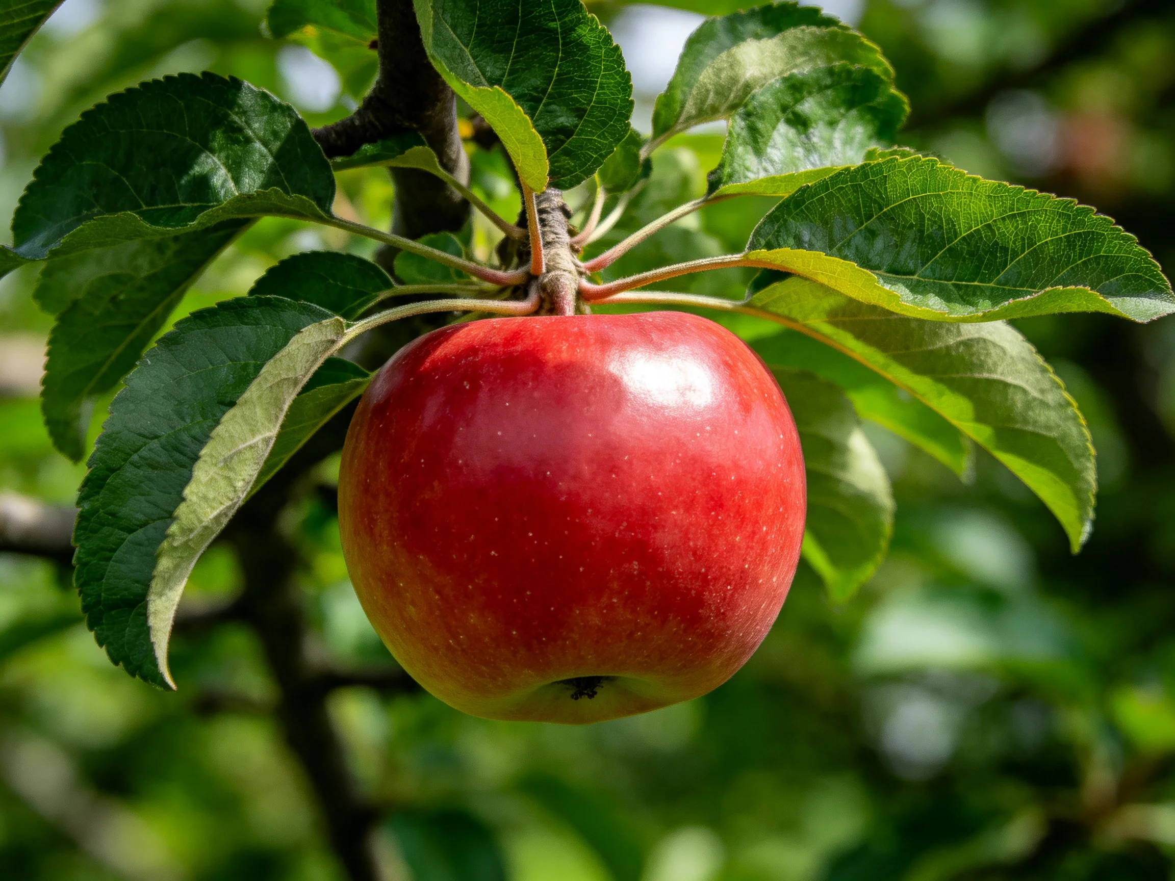 A vibrant red apple hangs from a tree with lush green foliage.