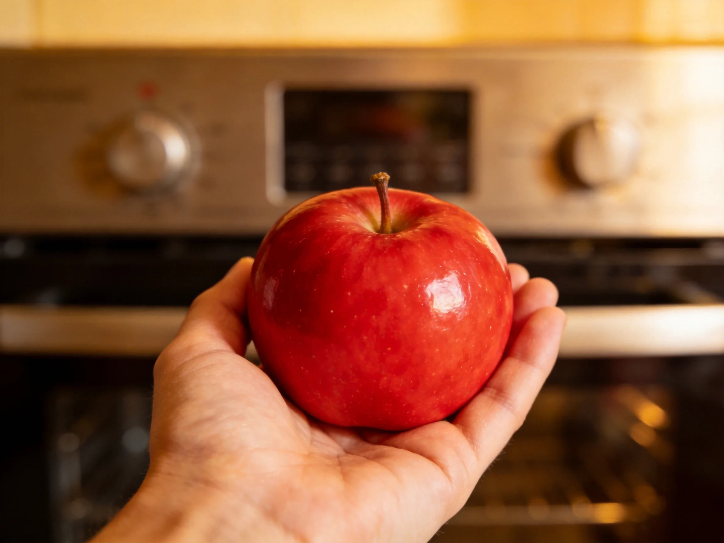 A vibrant red apple held in a hand before a stainless steel oven