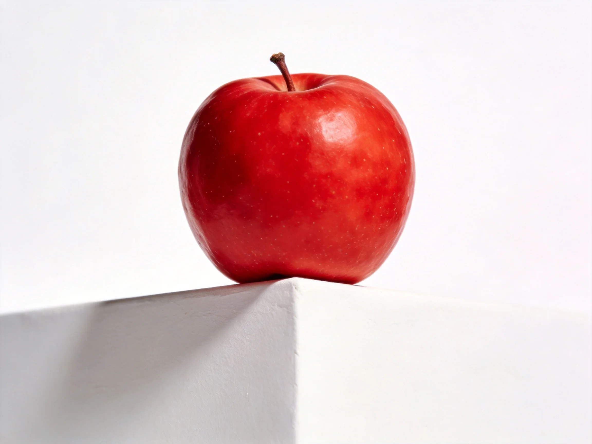 A vibrant red apple on a smooth white angular structure