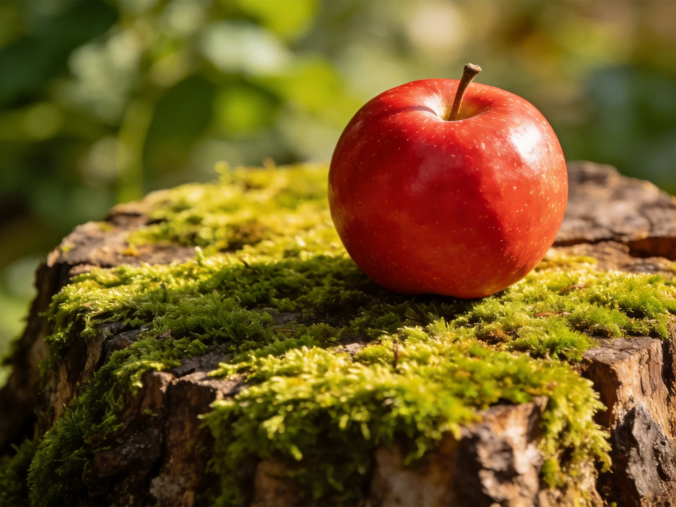 A vibrant red apple rests atop a moss-covered wooden stump