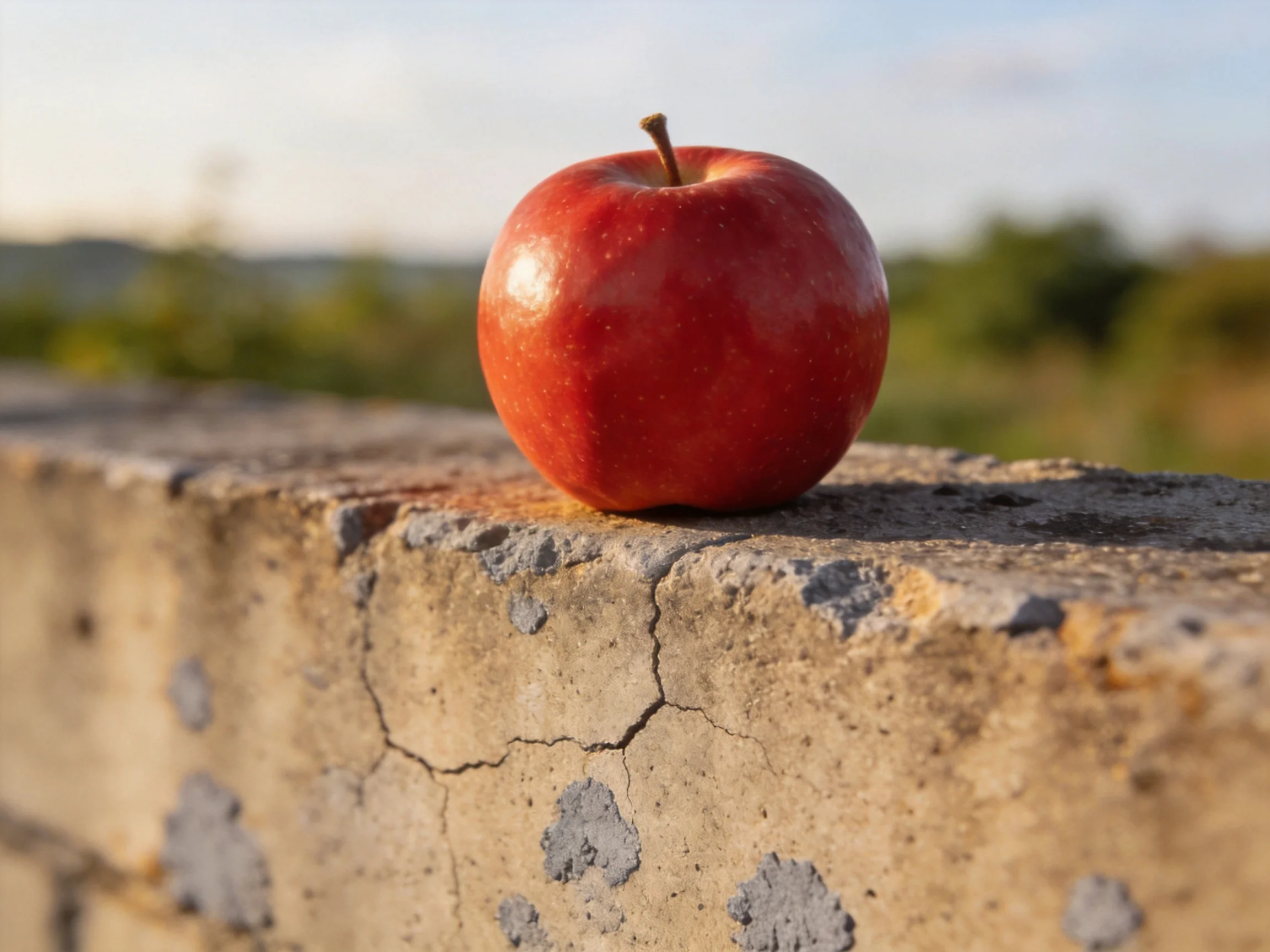 A vibrant red apple rests atop an aged concrete ledge outdoors