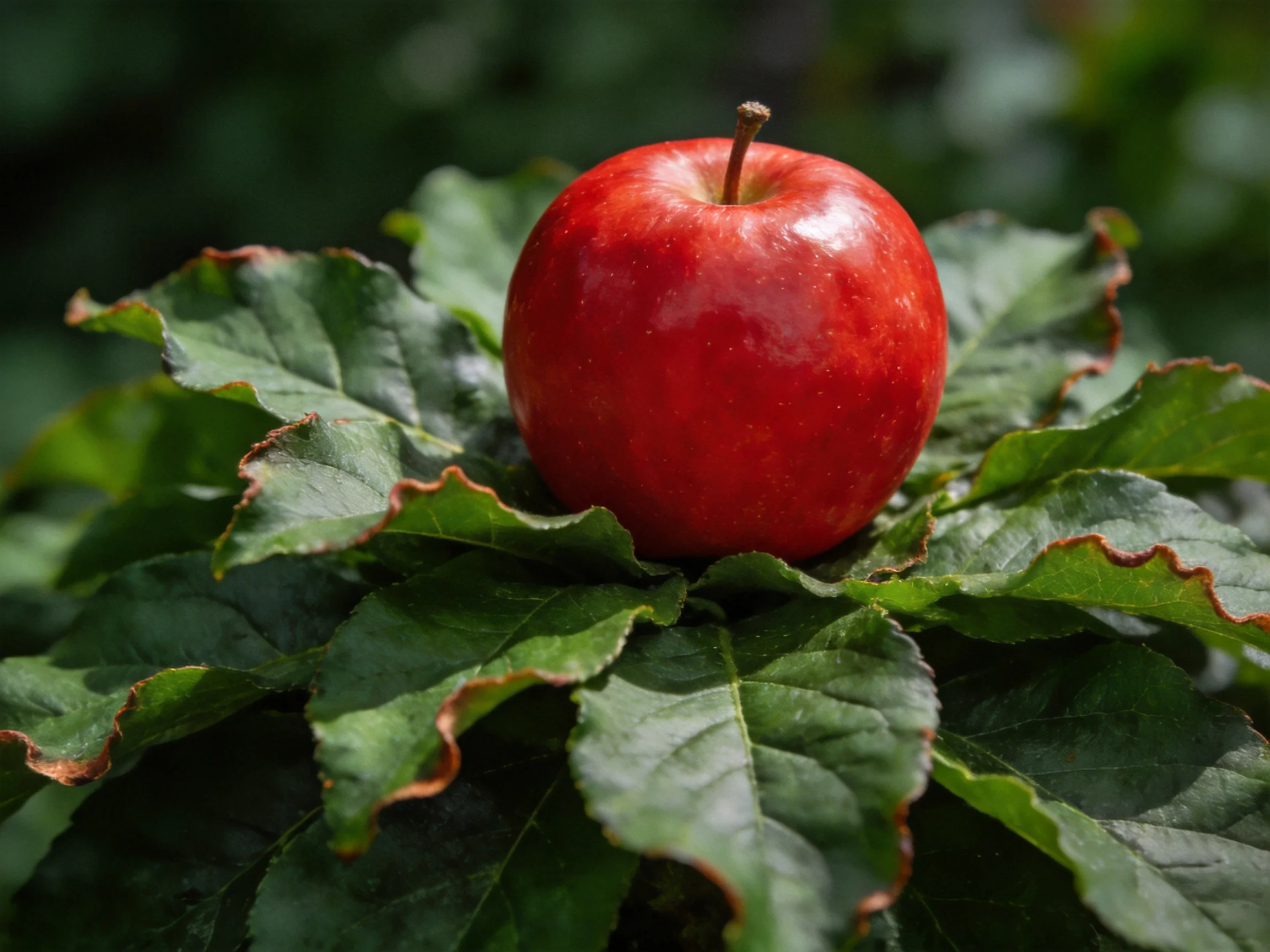 A vibrant red apple rests atop large green leaves with wavy edges