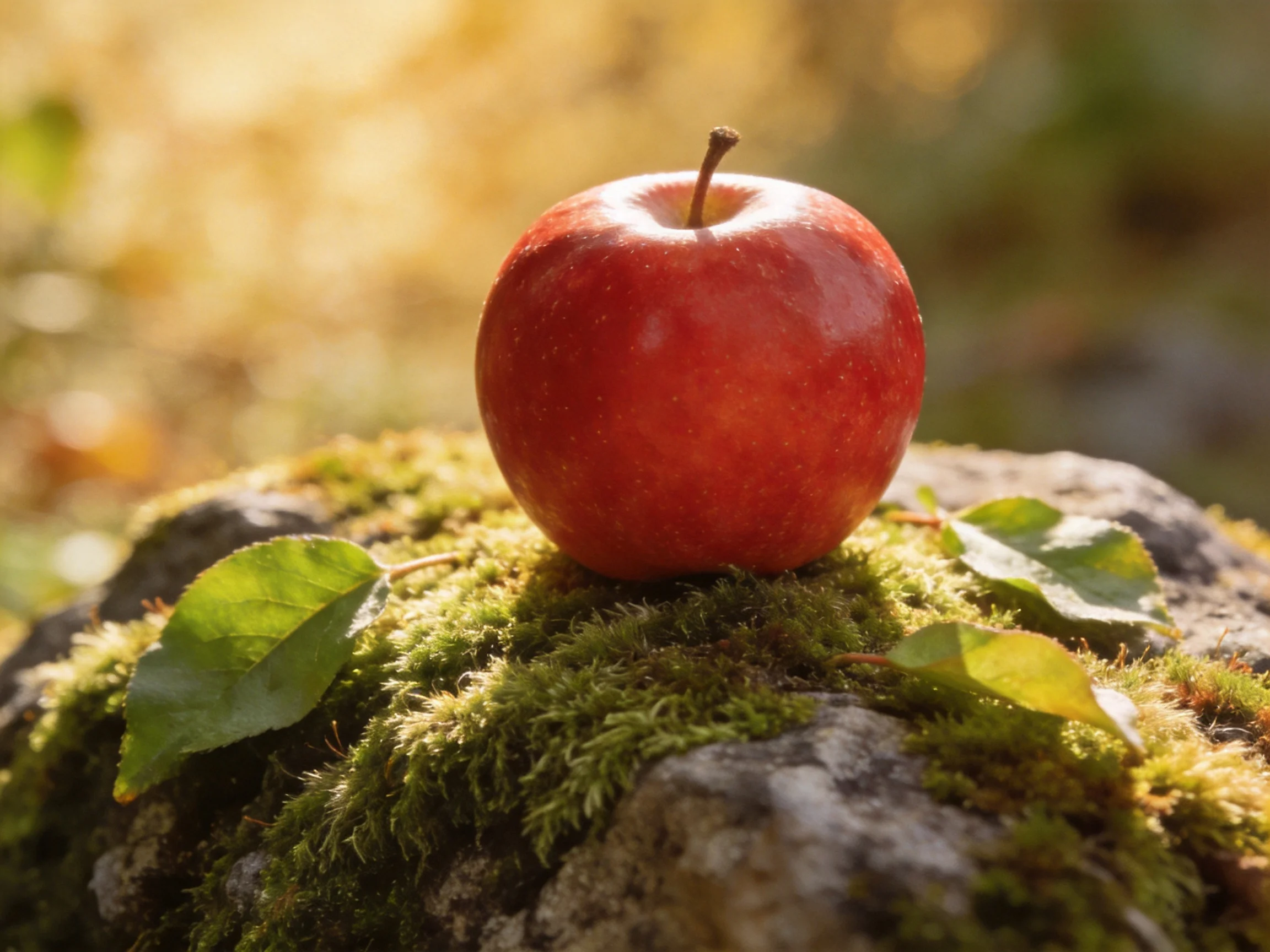A vibrant red apple rests on a moss-covered rock with green leaves