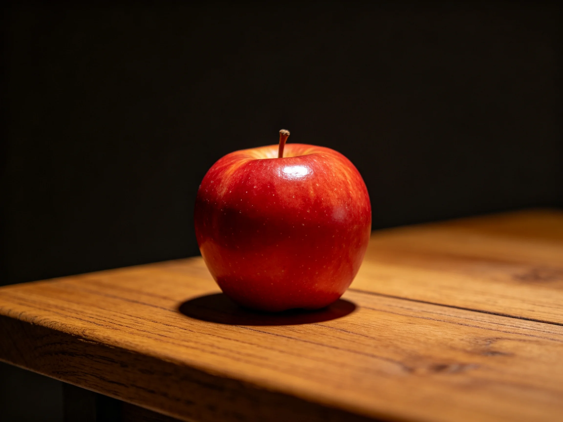 A vibrant red apple sits atop a polished wooden surface