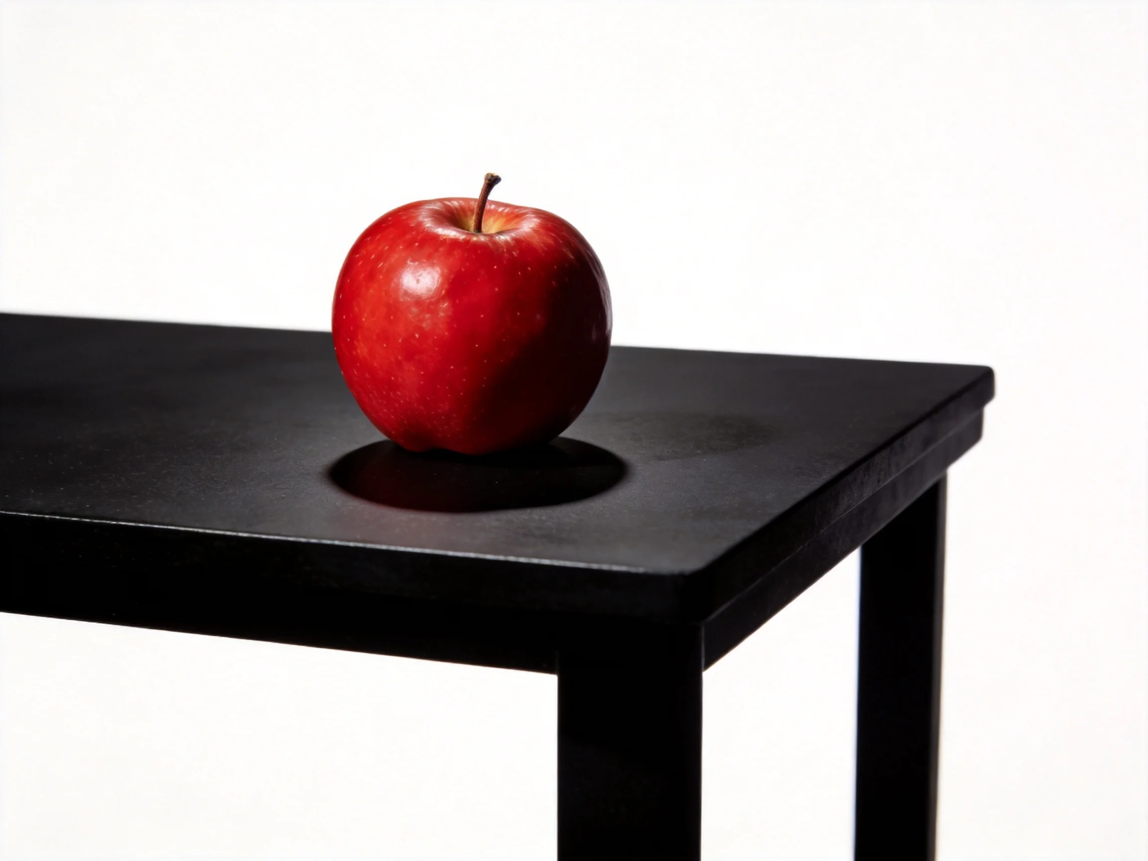 A vibrant red apple sits atop a sleek black table