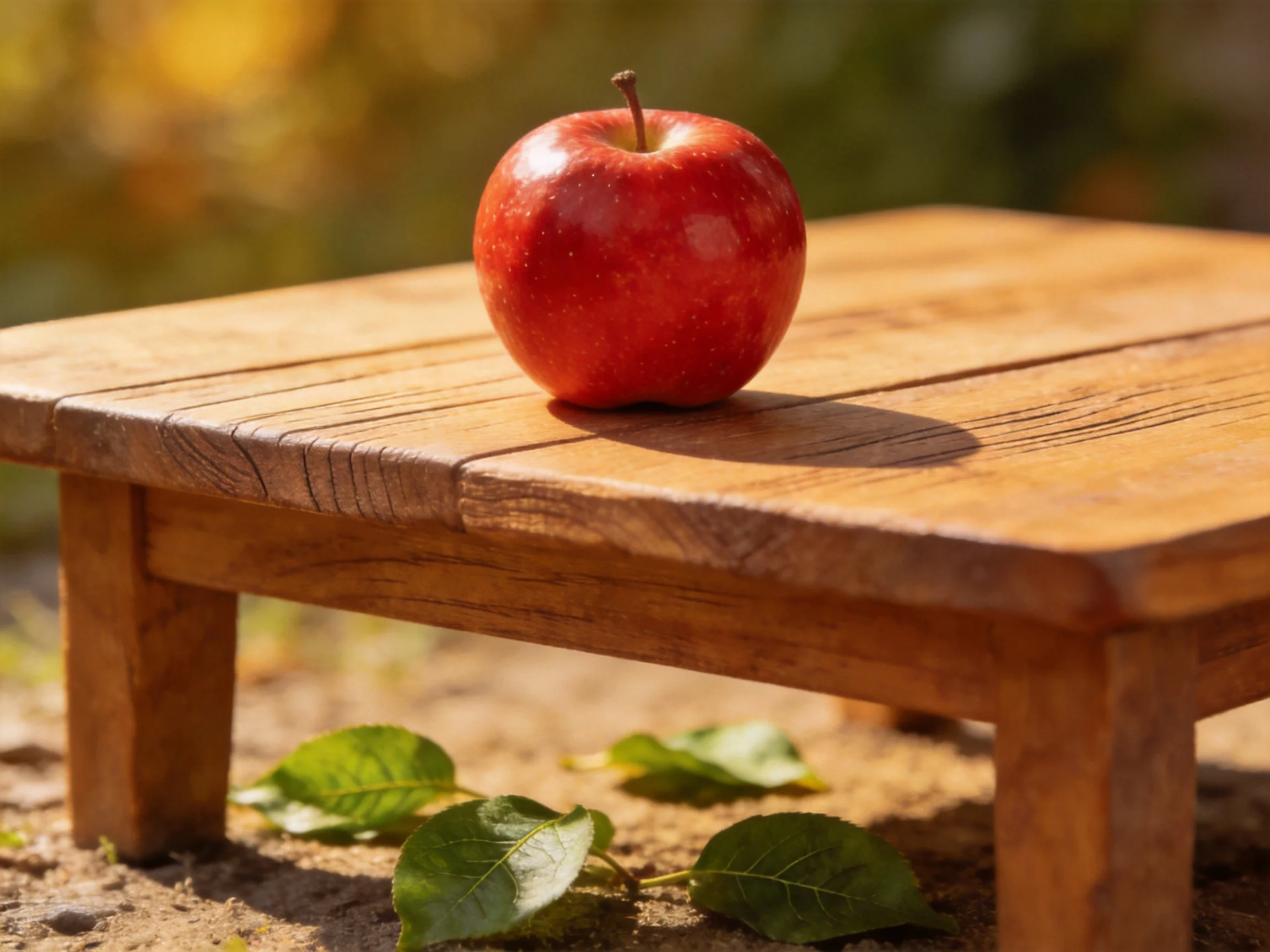 A vibrant red apple sits atop a small wooden table outdoors