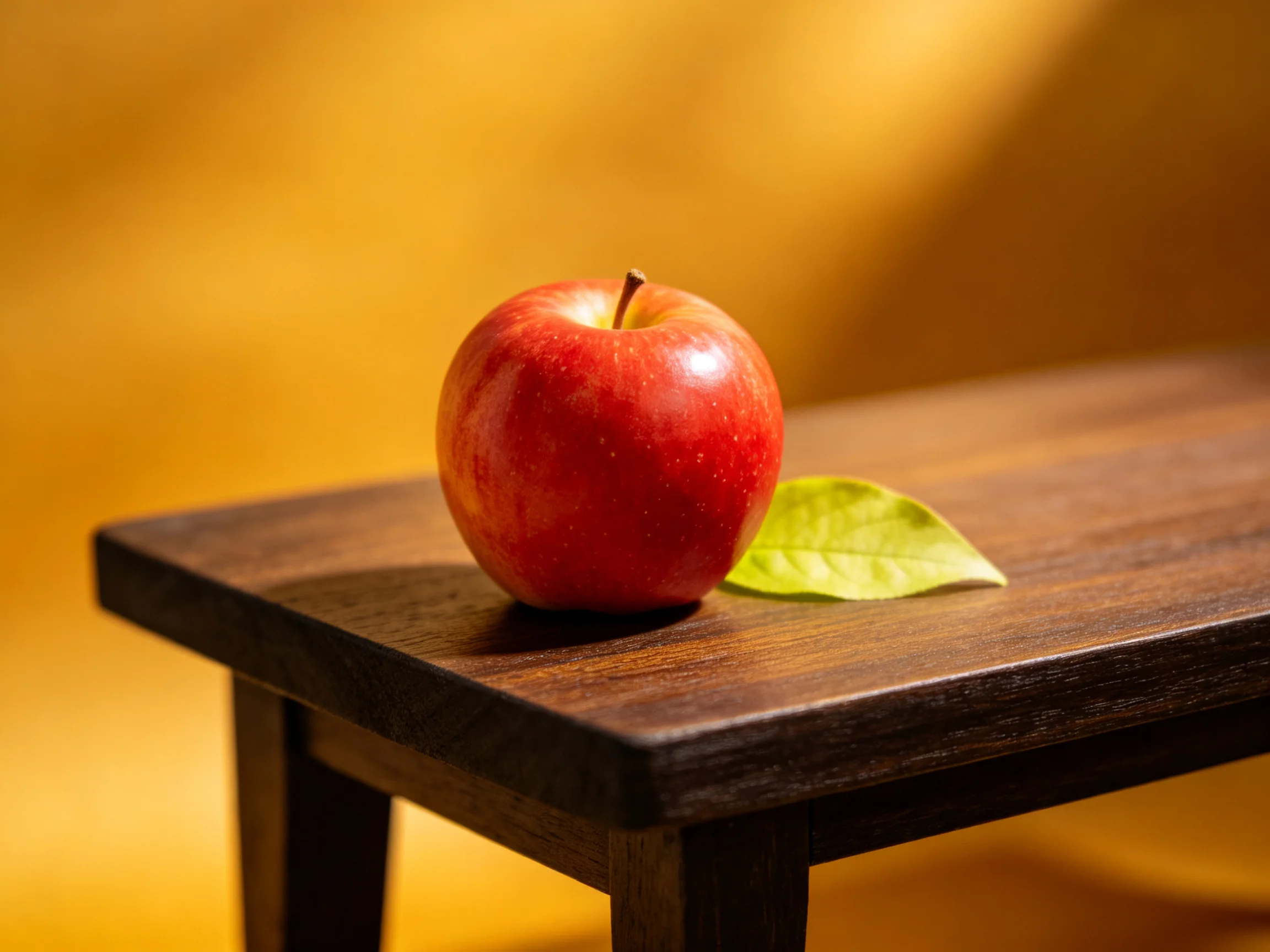A vibrant red apple sits beside a green leaf on a dark wooden table
