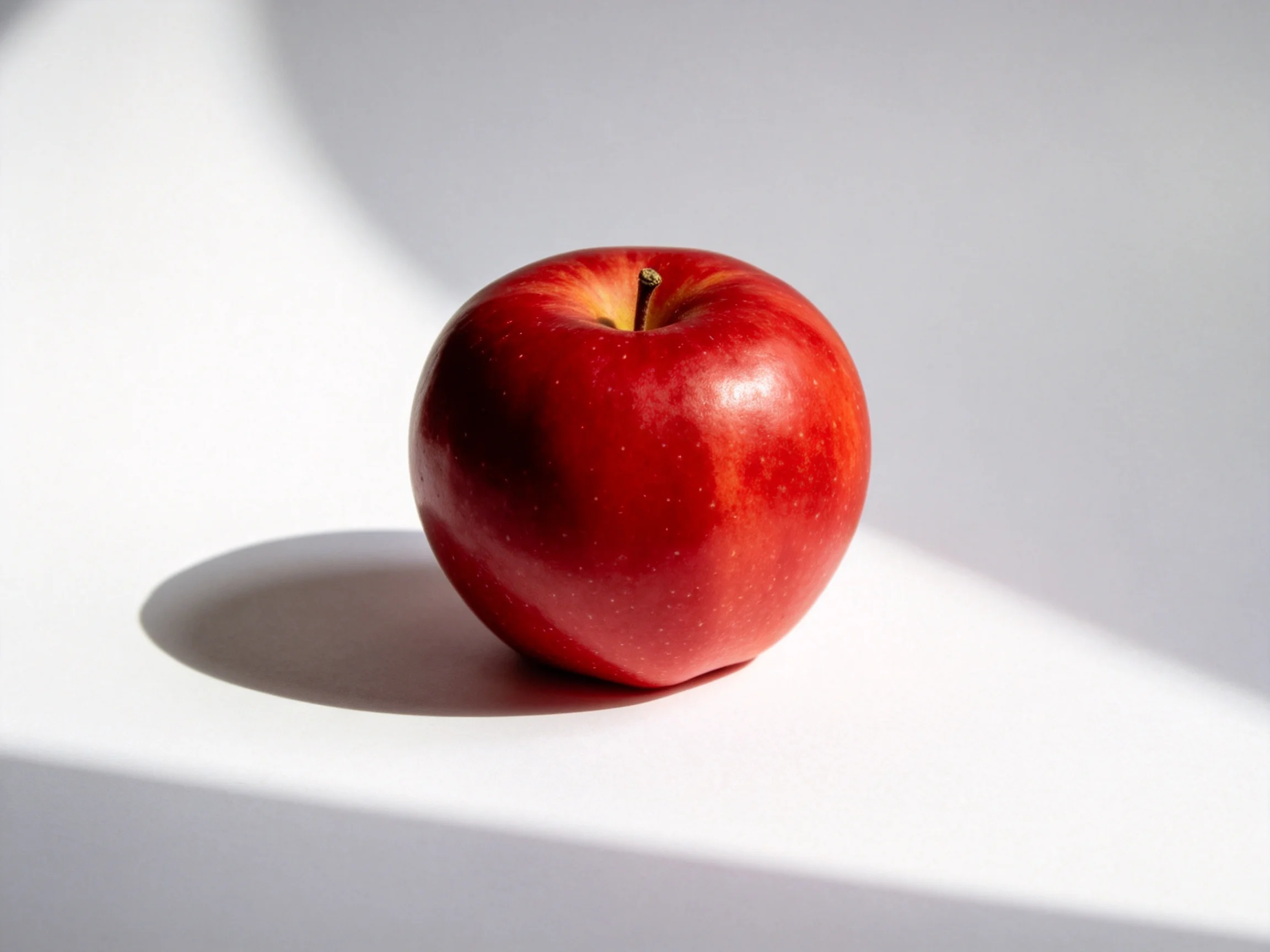 A vibrant red apple sits on a white surface with distinct shadows patterns