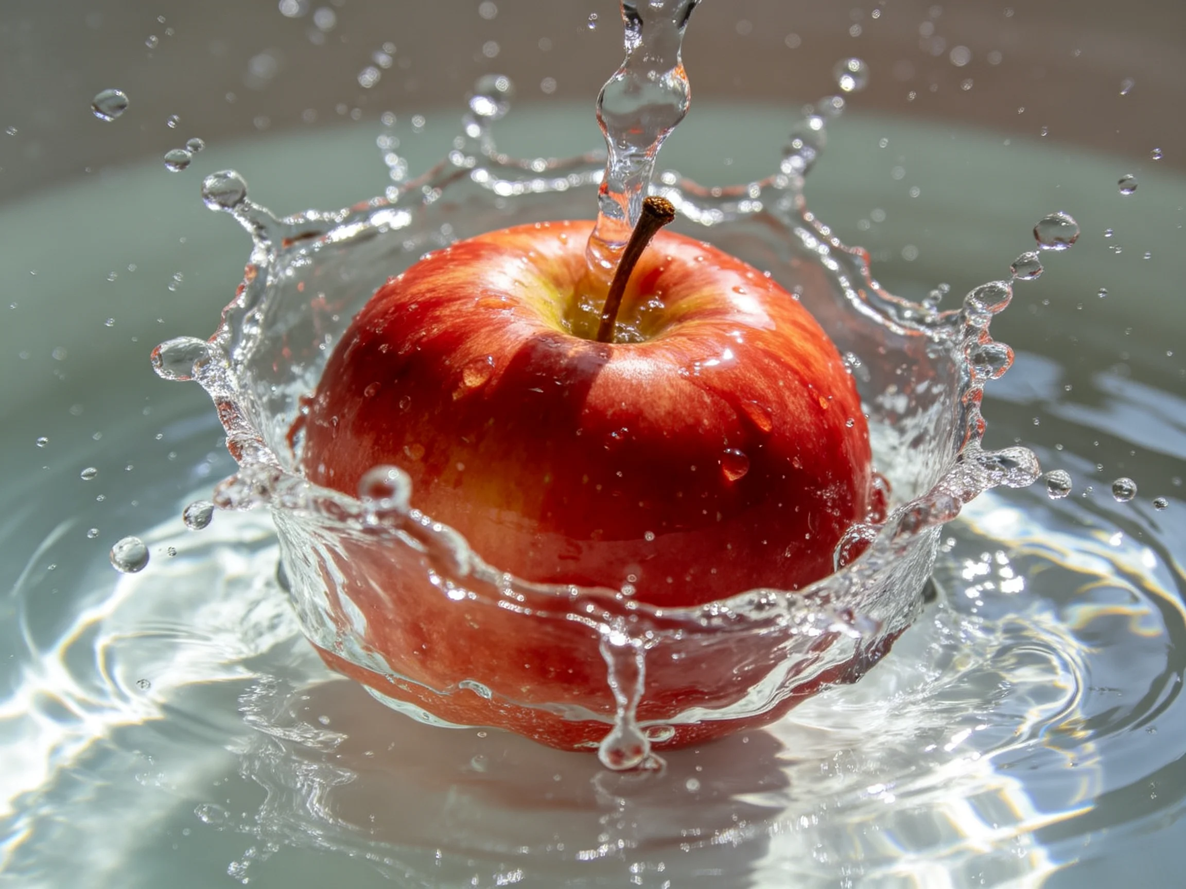 A vibrant red apple splashing into clear water with dynamic droplets