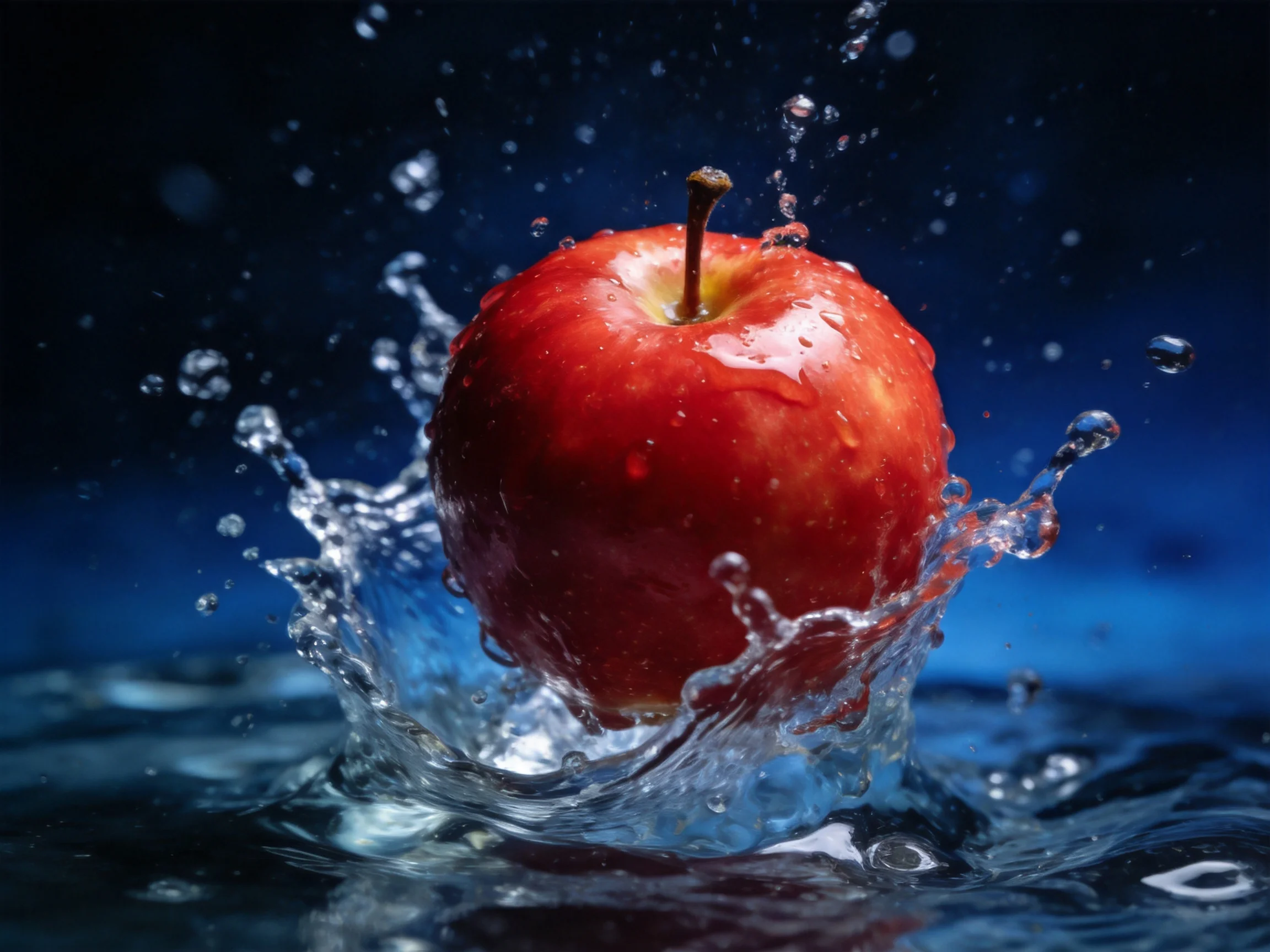 A vibrant red apple splashing into clear water with dynamic droplets