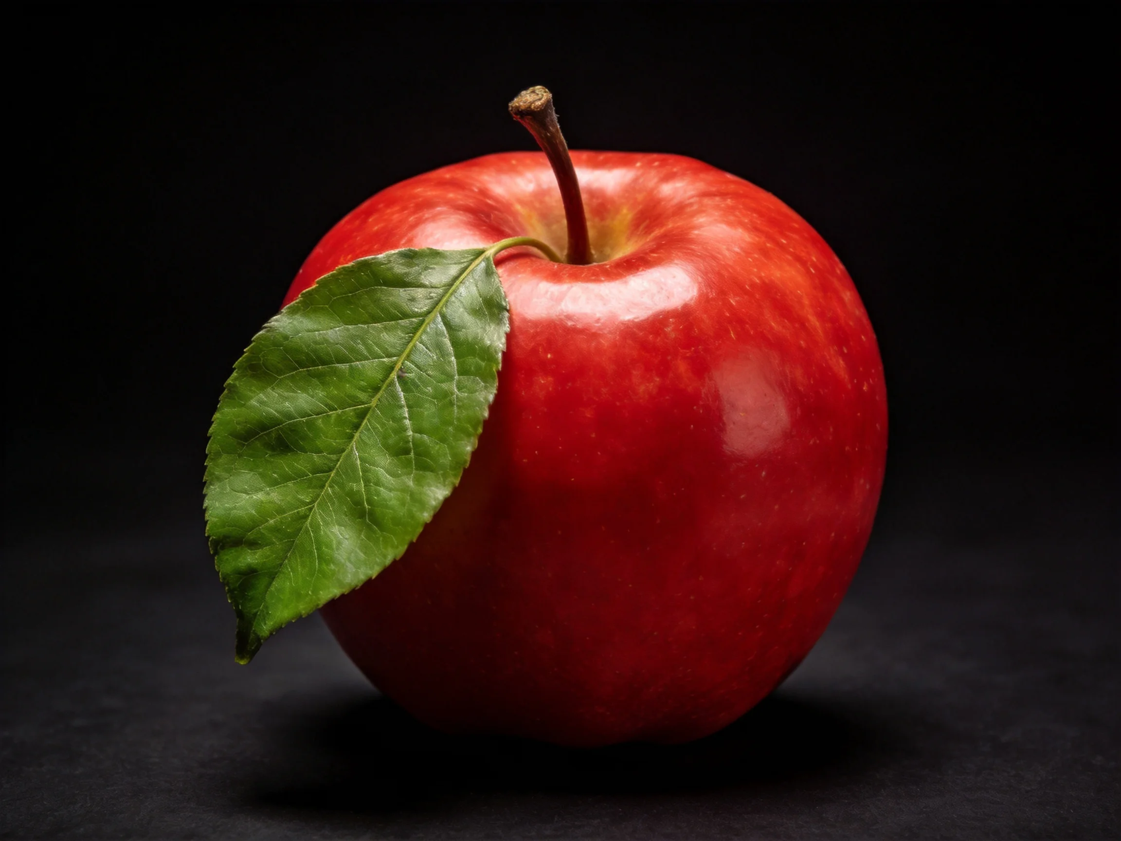 A vibrant red apple with a fresh green leaf against a dark backdrop