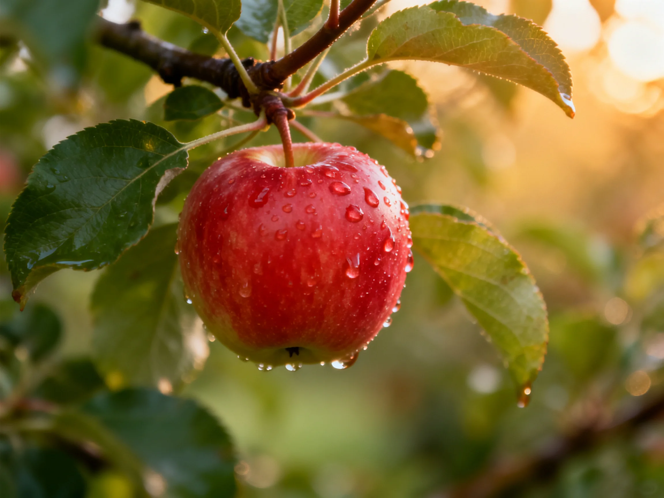 A vibrant red apple with dew drops hangs from a tree branch