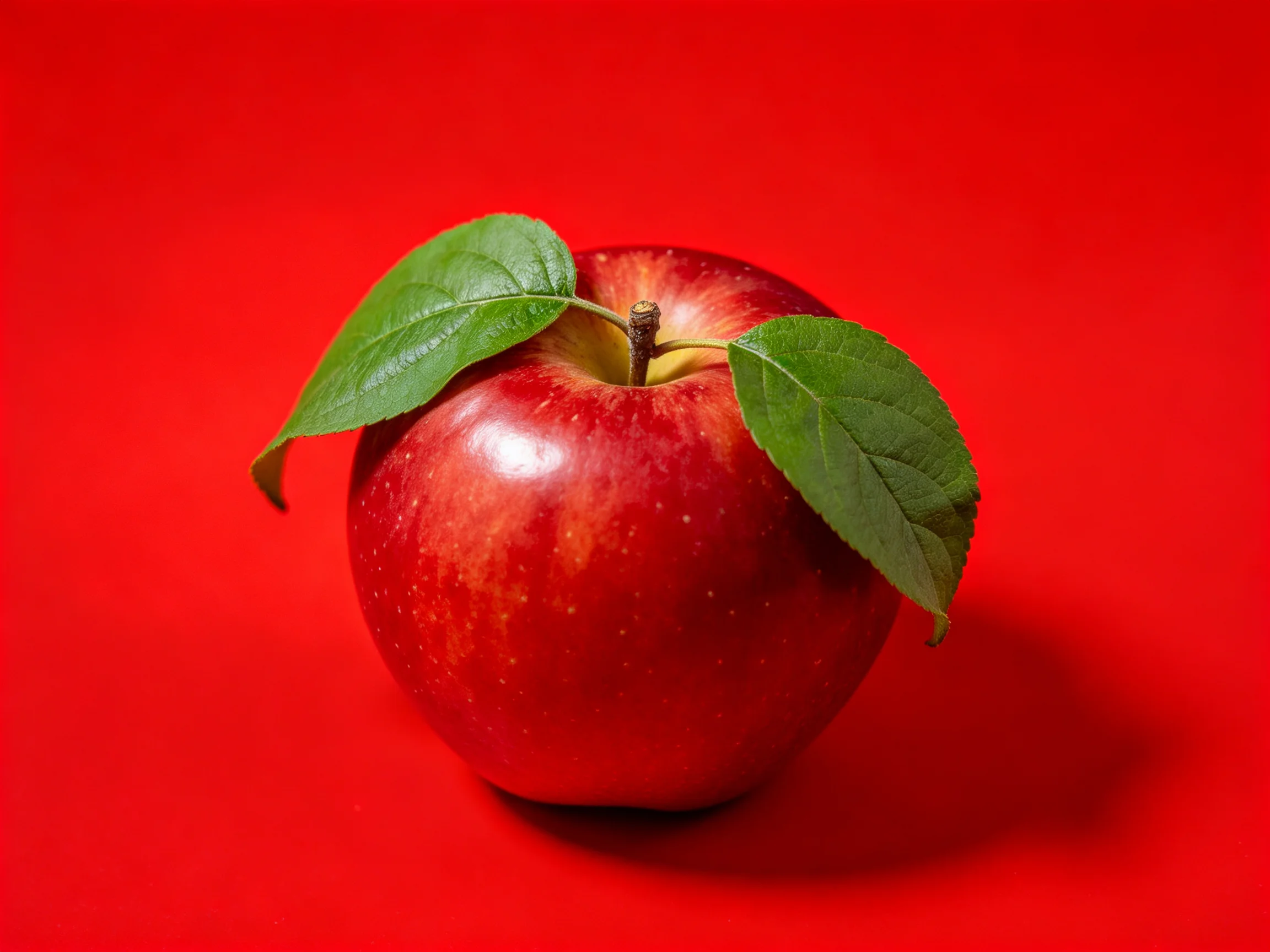 A vibrant red apple with fresh green leaves on a solid red backdrop