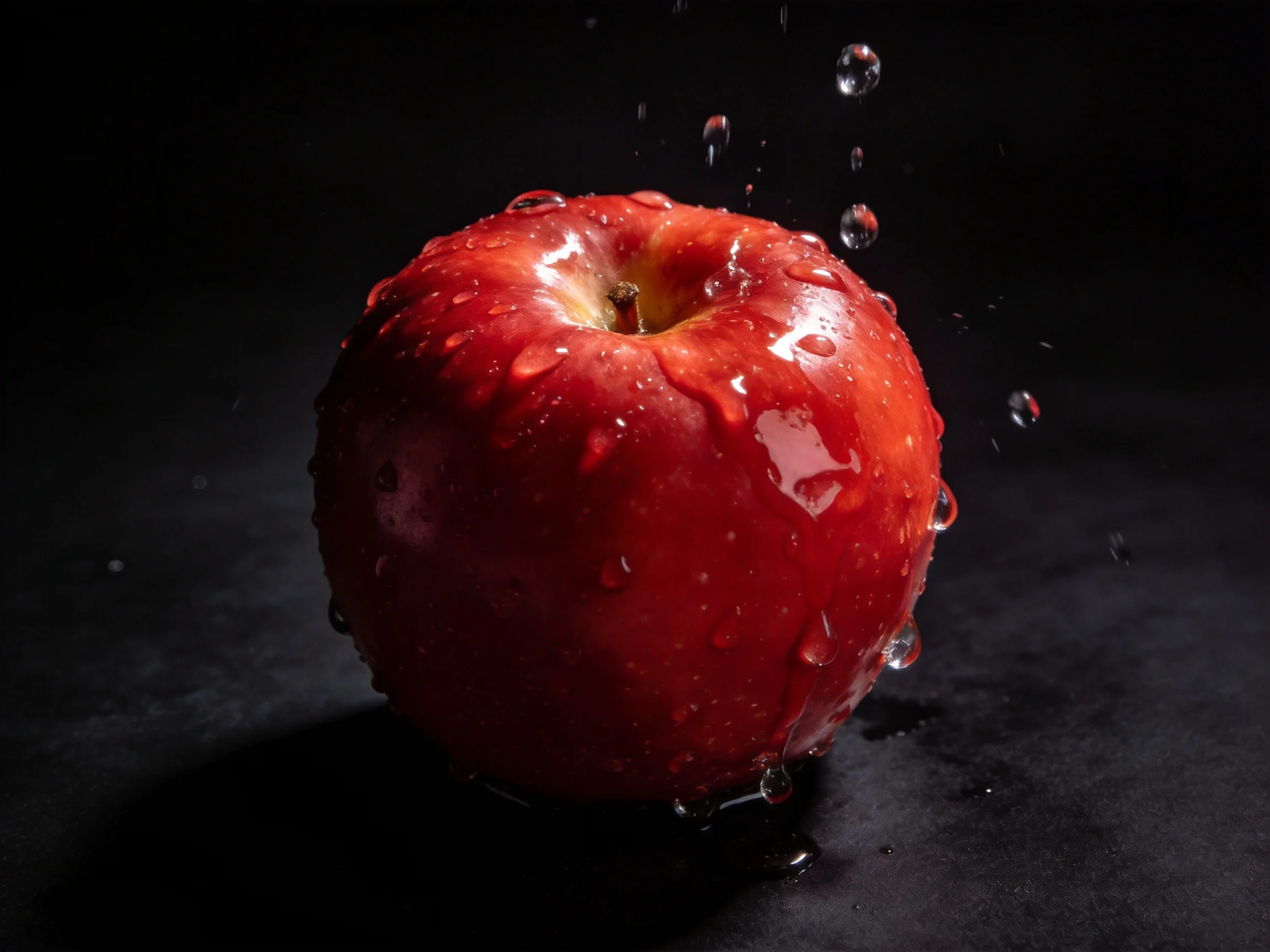 A vibrant red apple with glistening water droplets against a dark backdrop