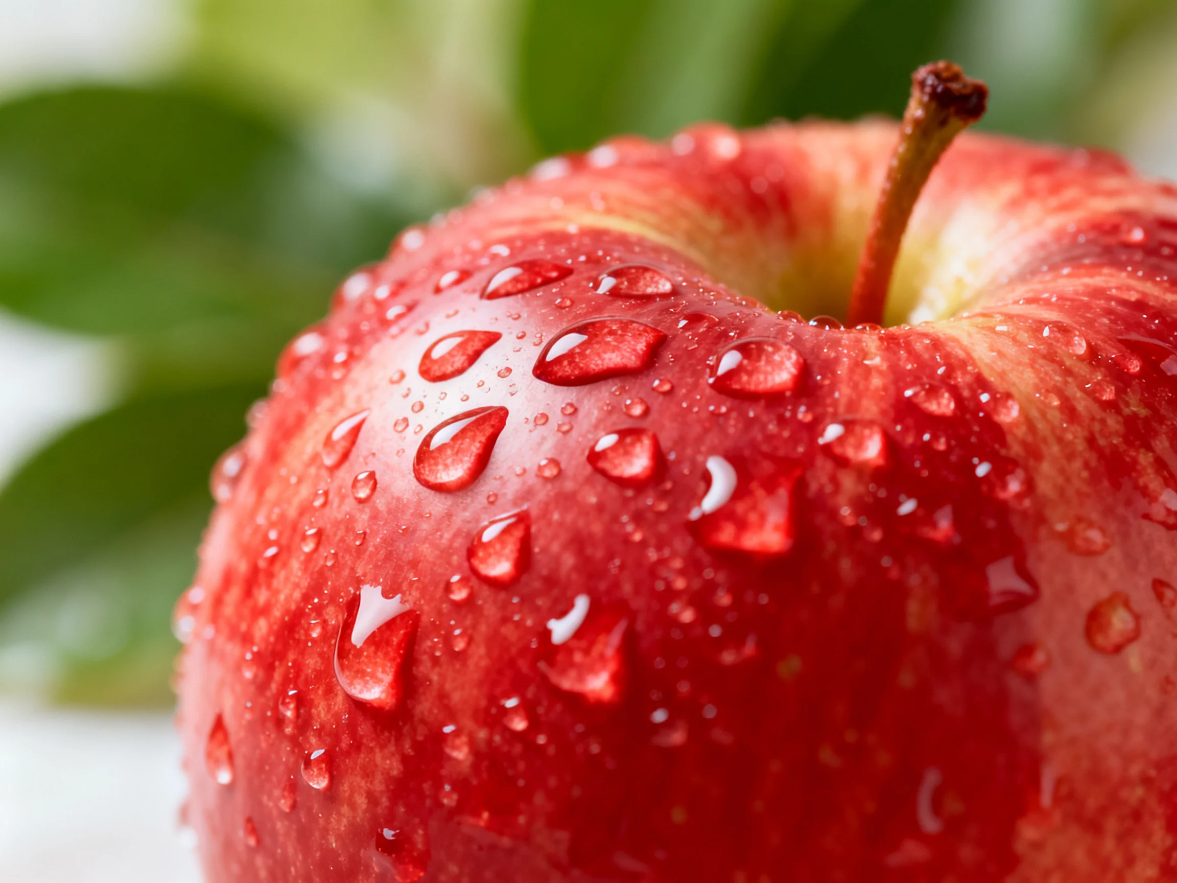 A vibrant red apple with glistening water droplets against blurred green foliage