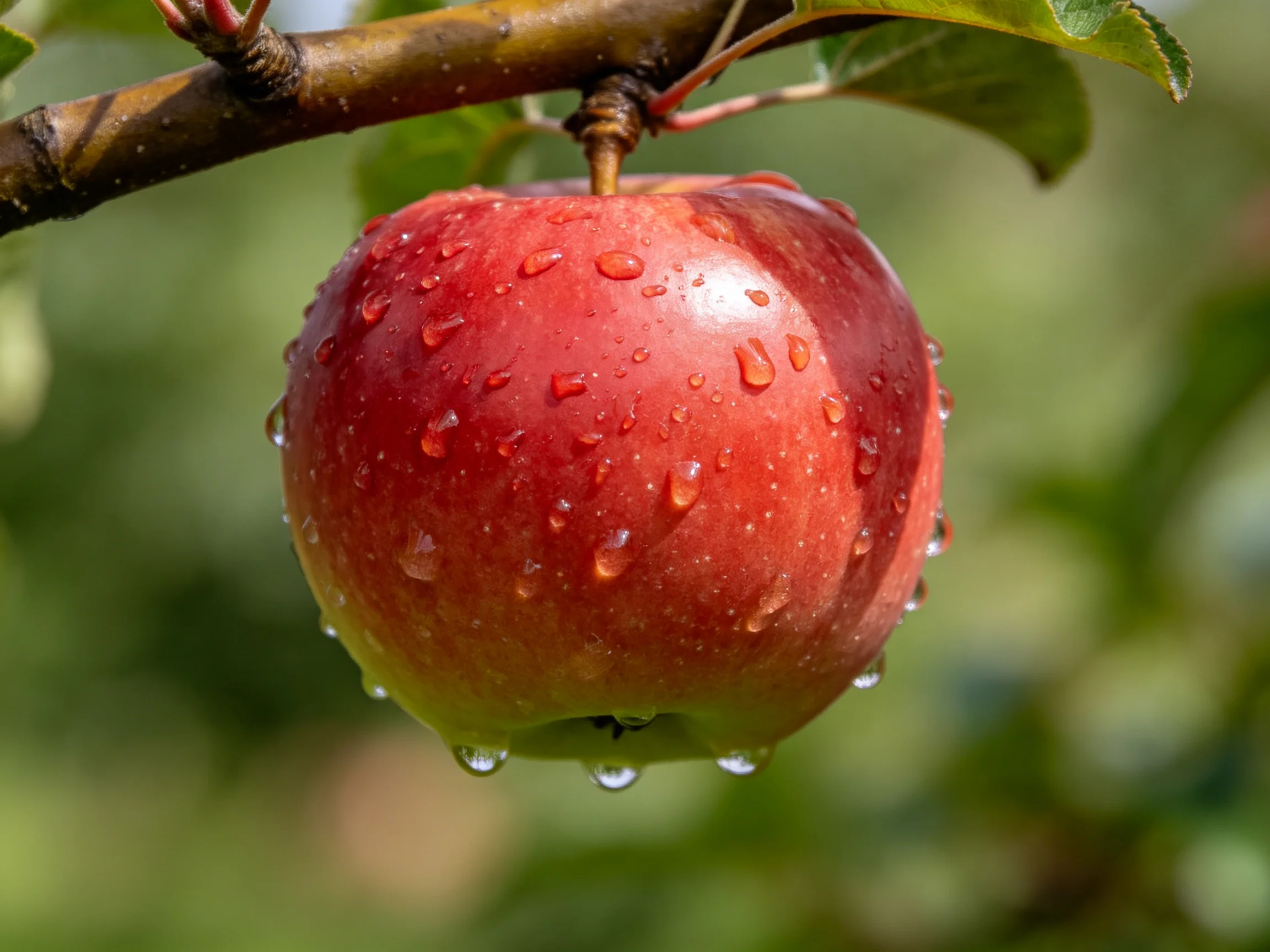 A vibrant red apple with glistening water droplets hangs from a tree branch