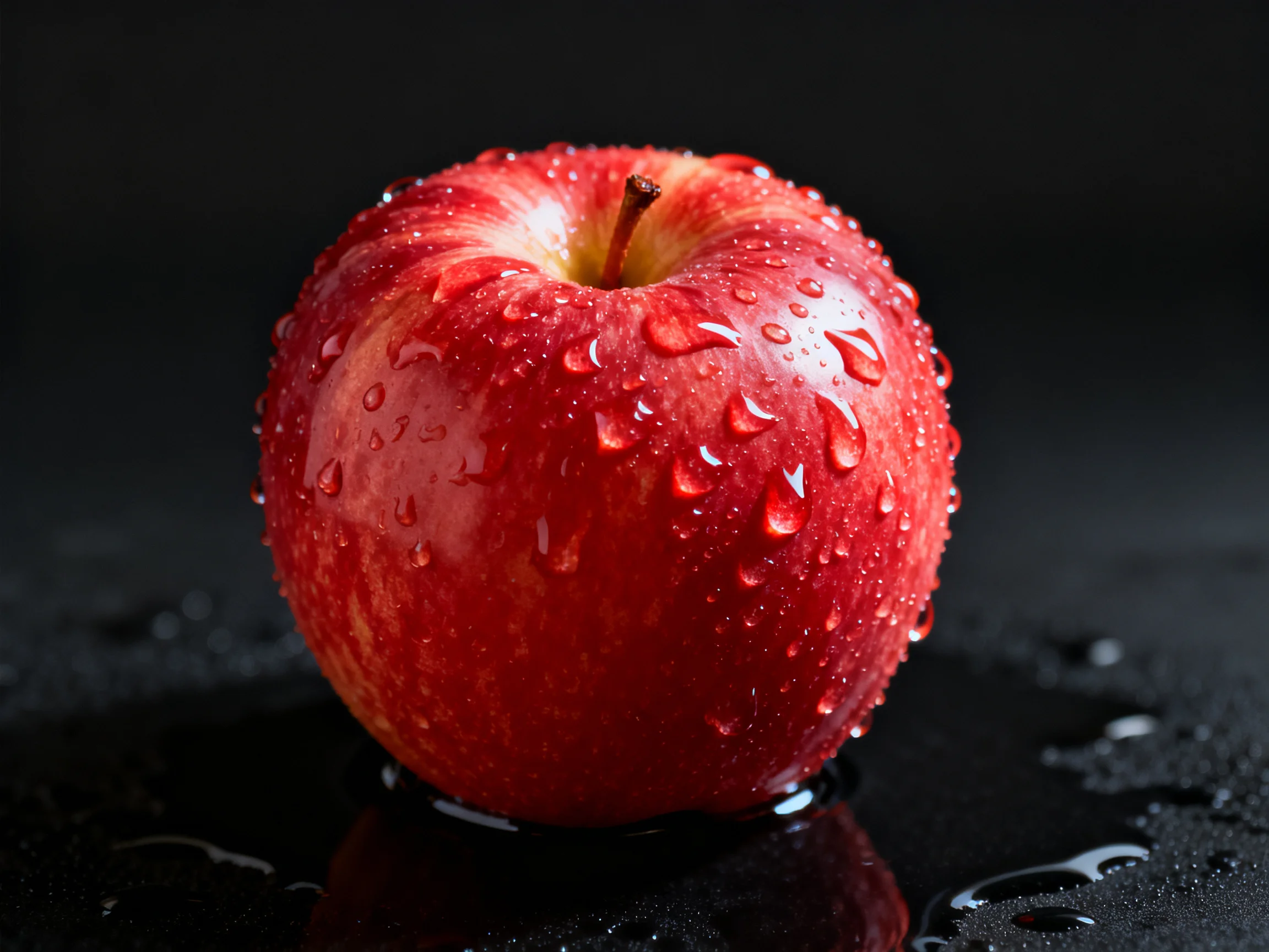 A vibrant red apple with glistening water droplets on a dark surface