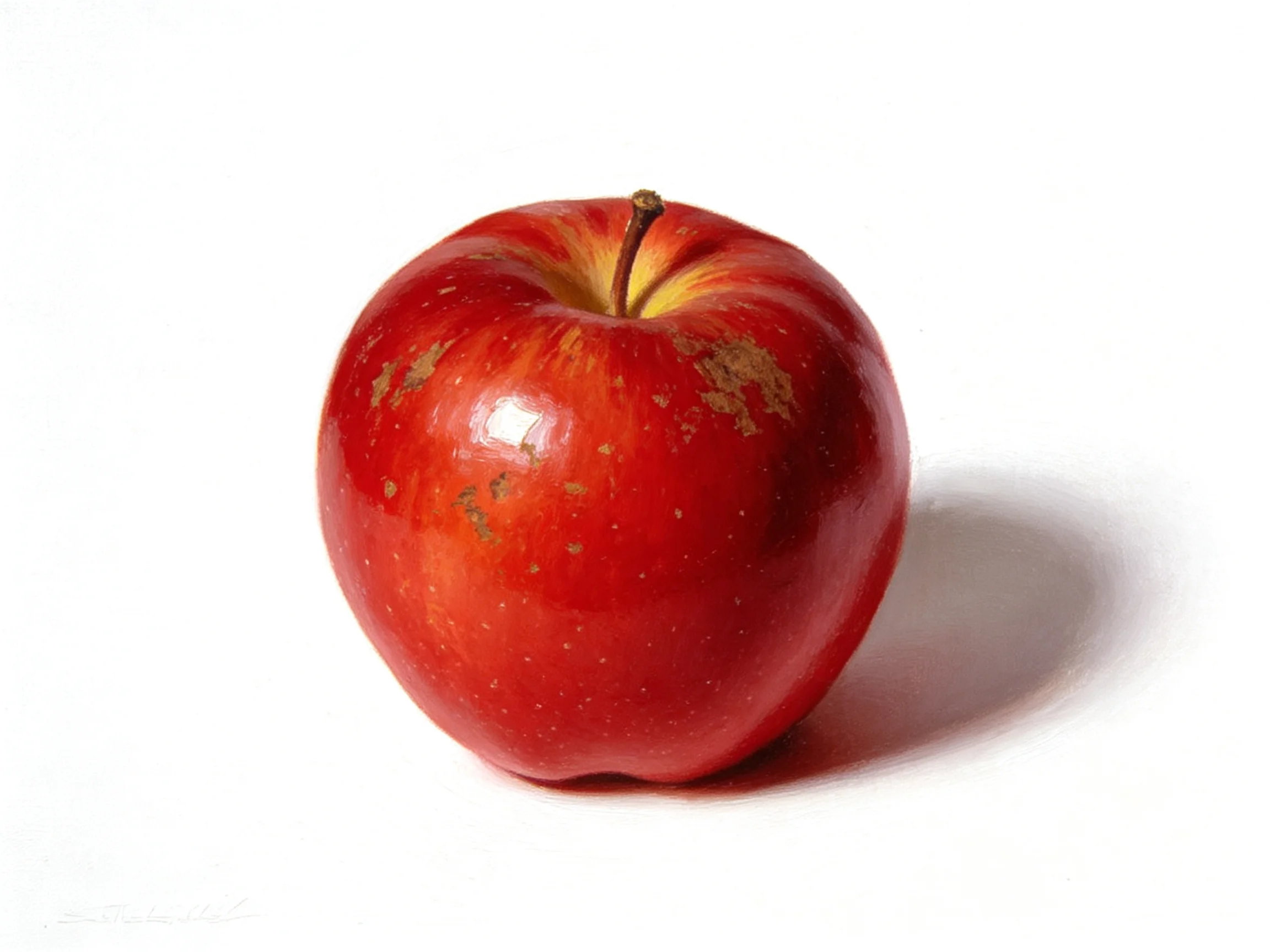 A vibrant red apple with subtle yellow hues and natural blemishes