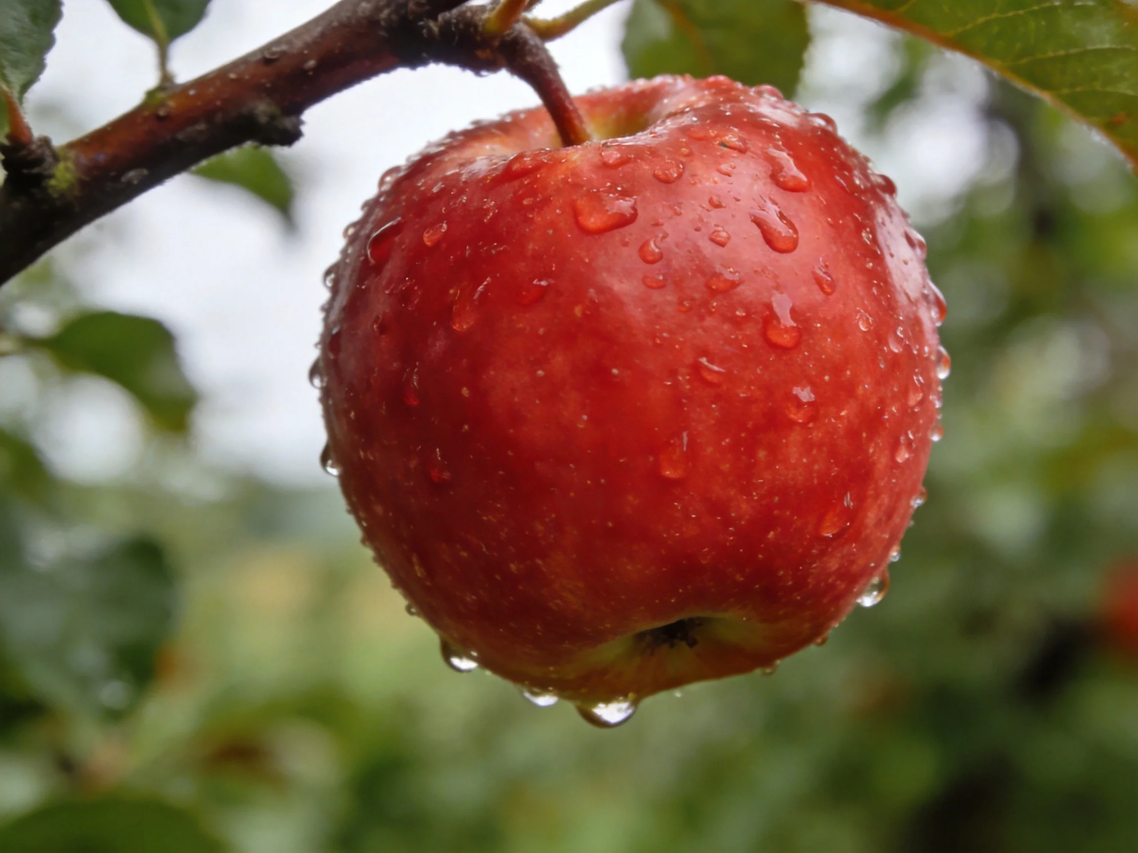 A vibrant red apple with water droplets hangs from a tree branch