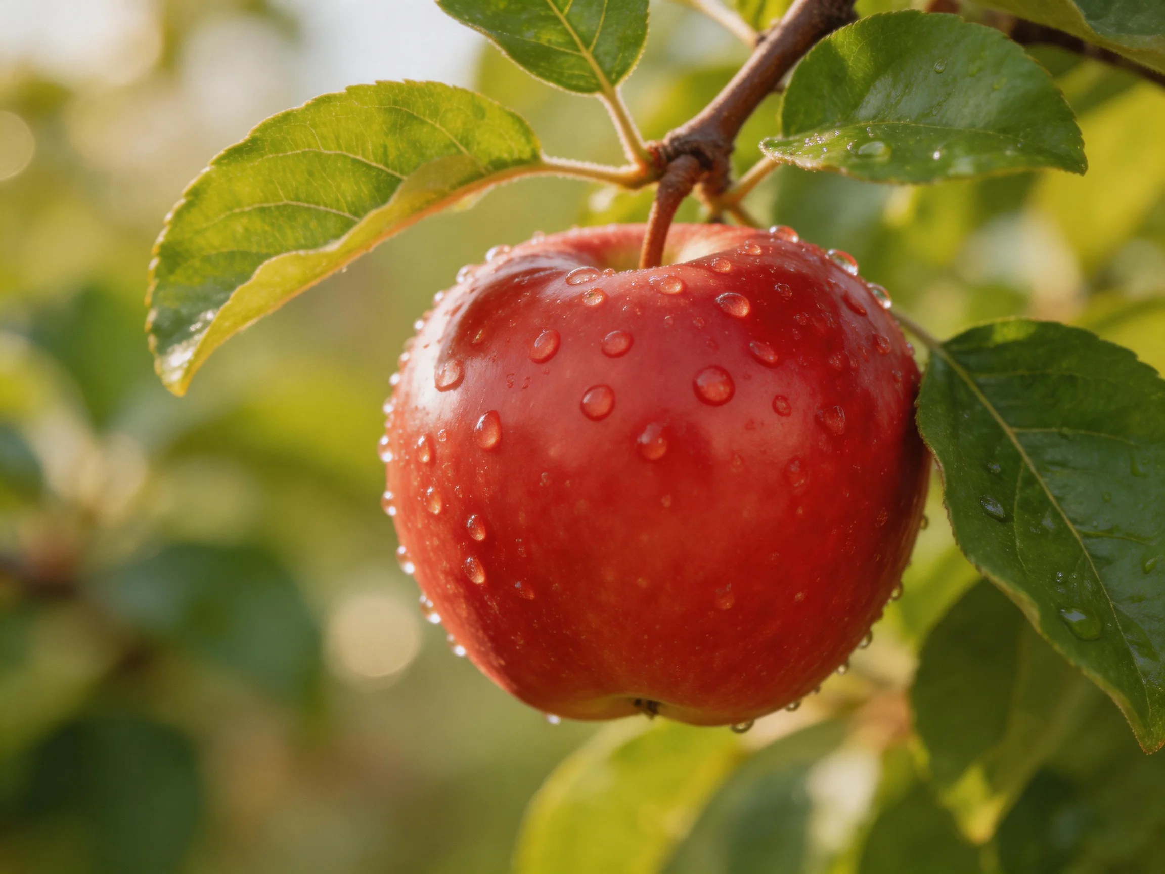 A vibrant red apple with water droplets hangs from a tree branch