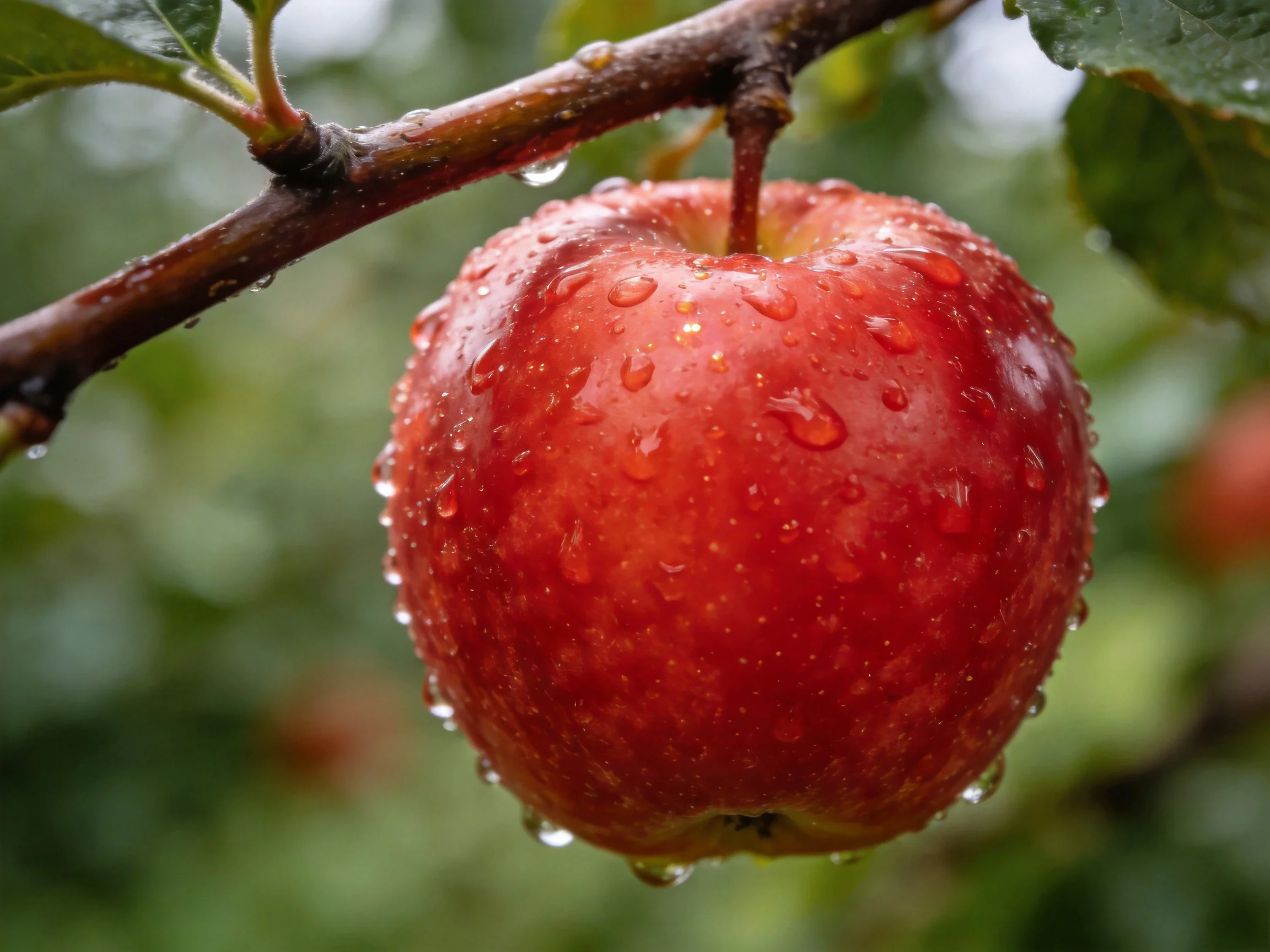 A vibrant red apple with water droplets hangs from a tree branch
