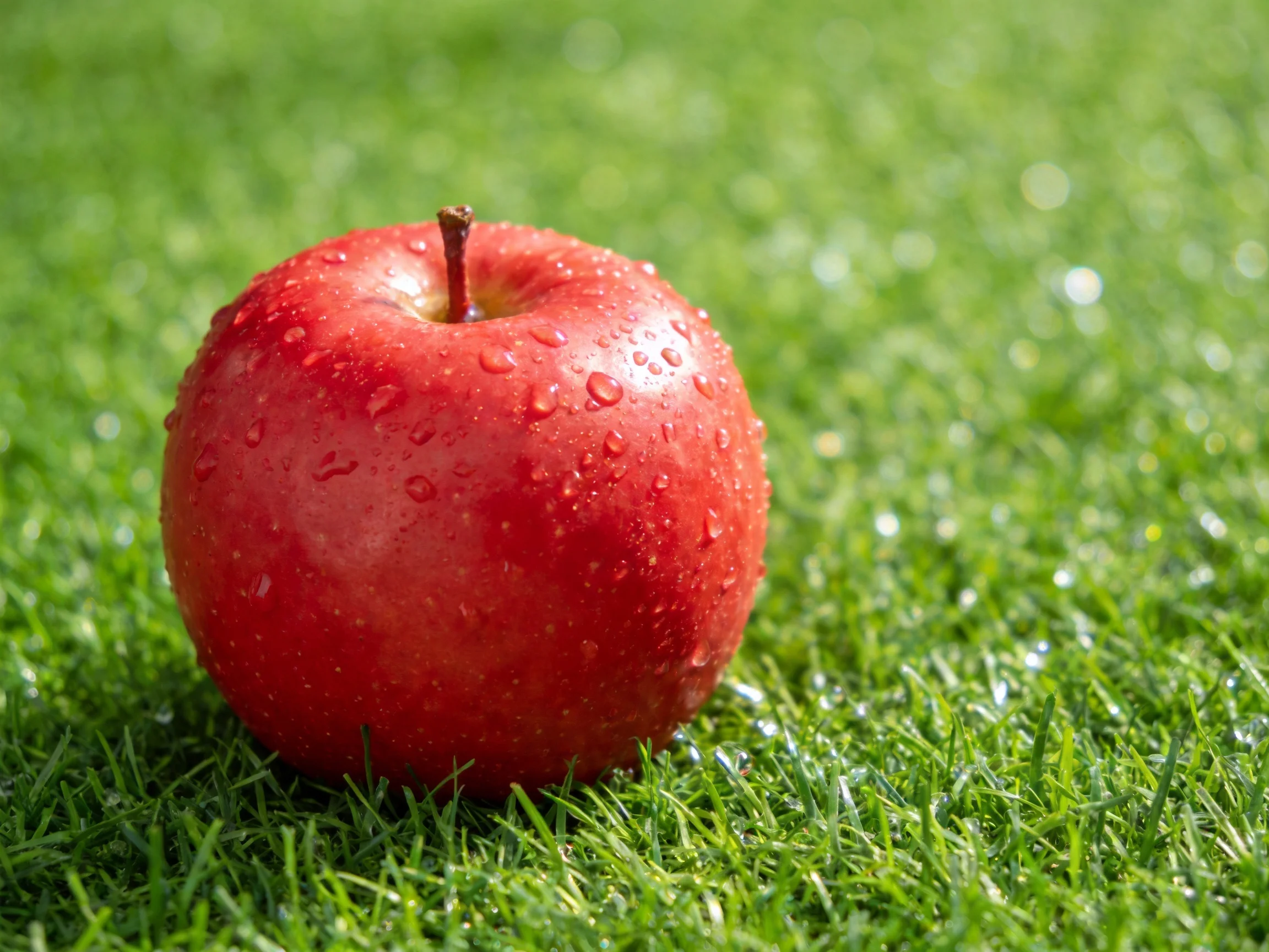A vibrant red apple with water droplets rests on lush green grass