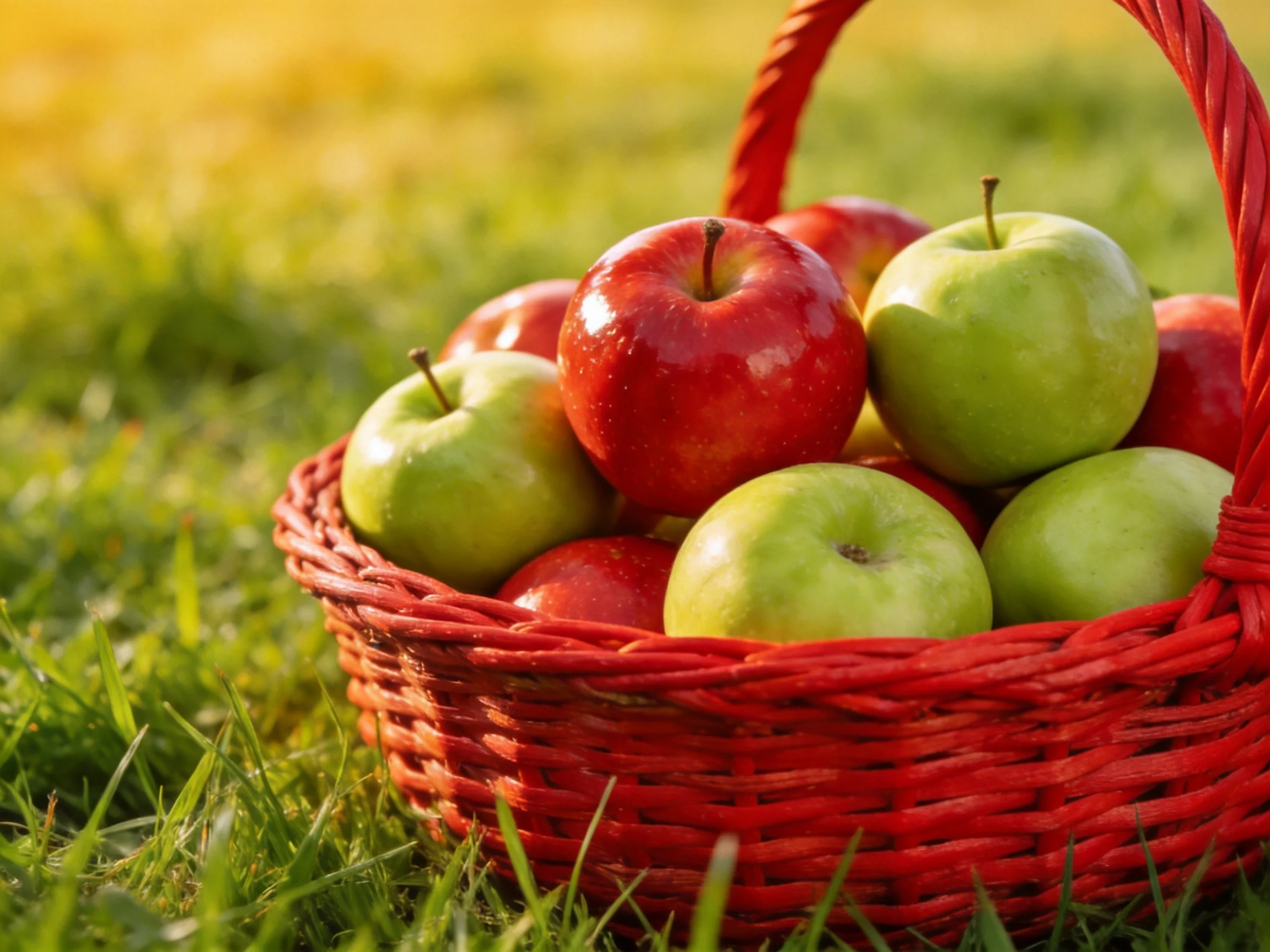 A vibrant red basket holds red and green apples on lush grass