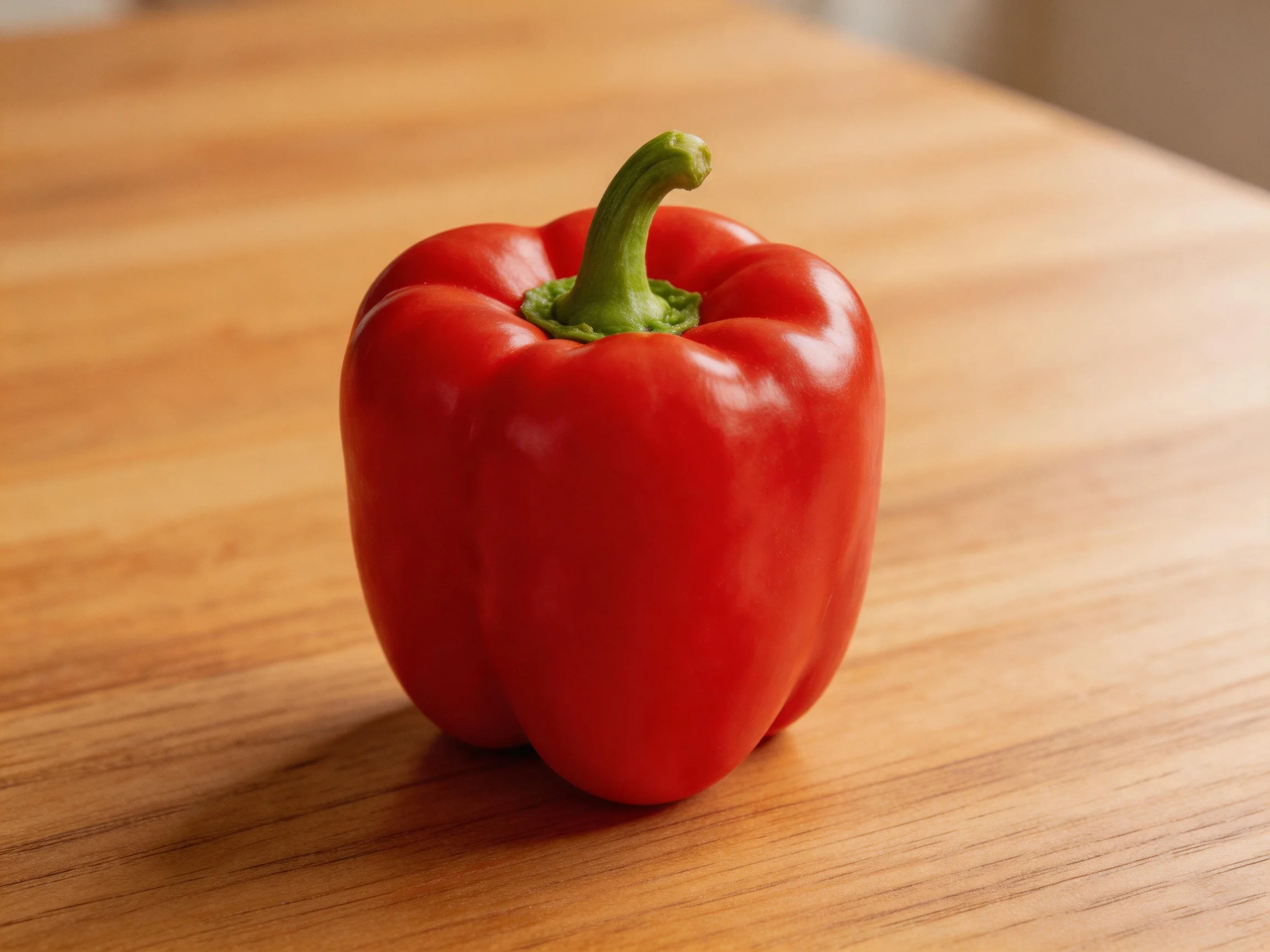 A vibrant red bell pepper rests on a polished wooden surface