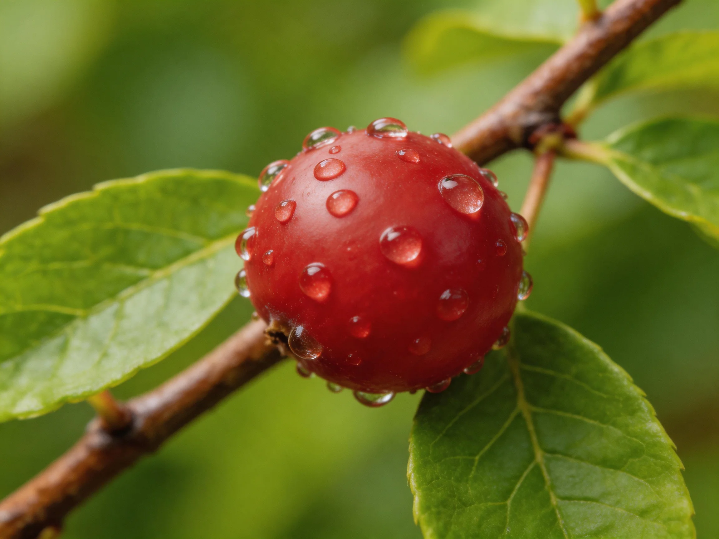 A vibrant red berry covered in glistening water droplets on a branch