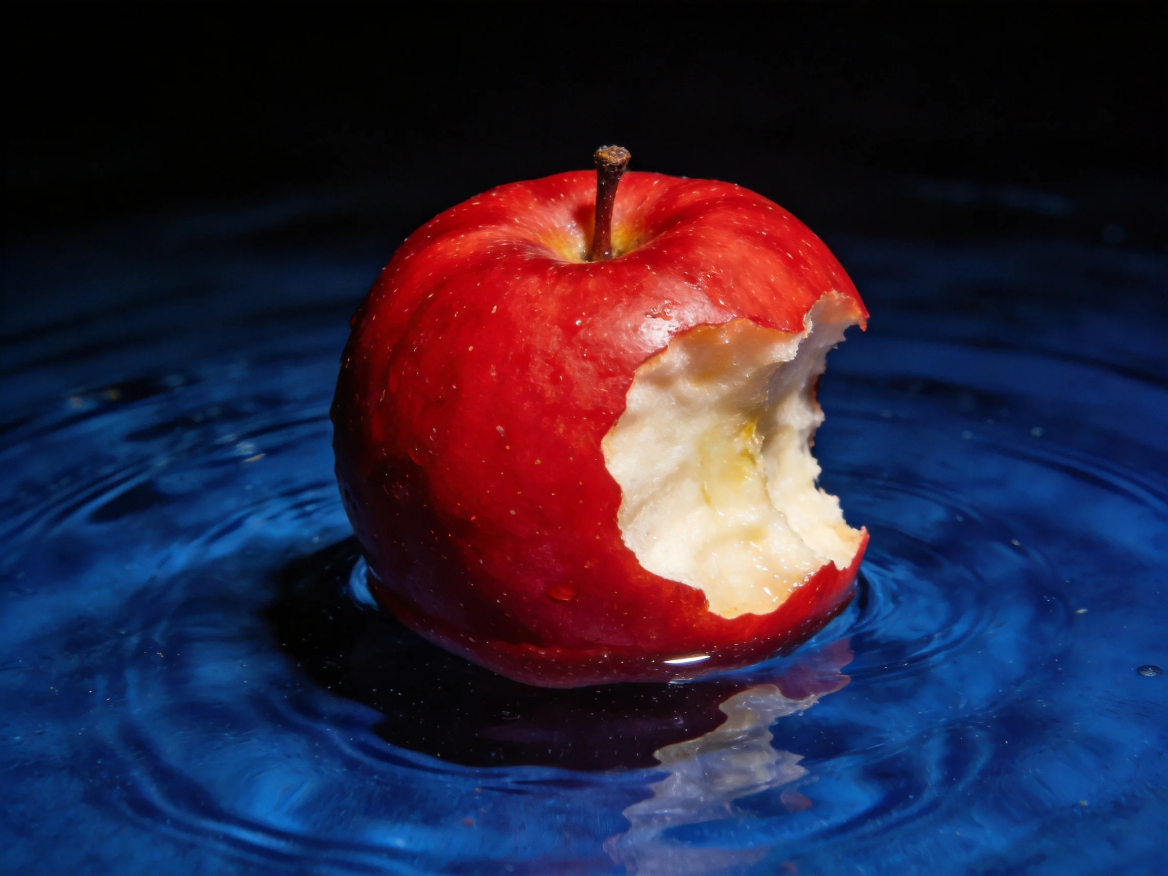 A vibrant red bitten apple floats in deep blue rippling water