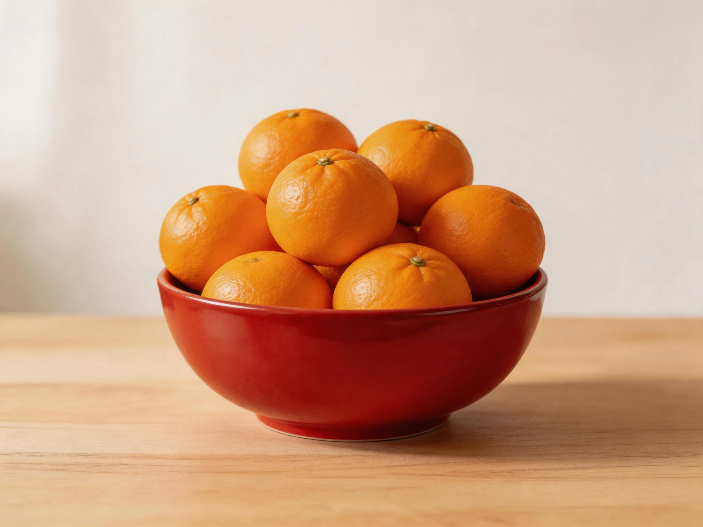 A vibrant red bowl filled with bright orange citrus fruits